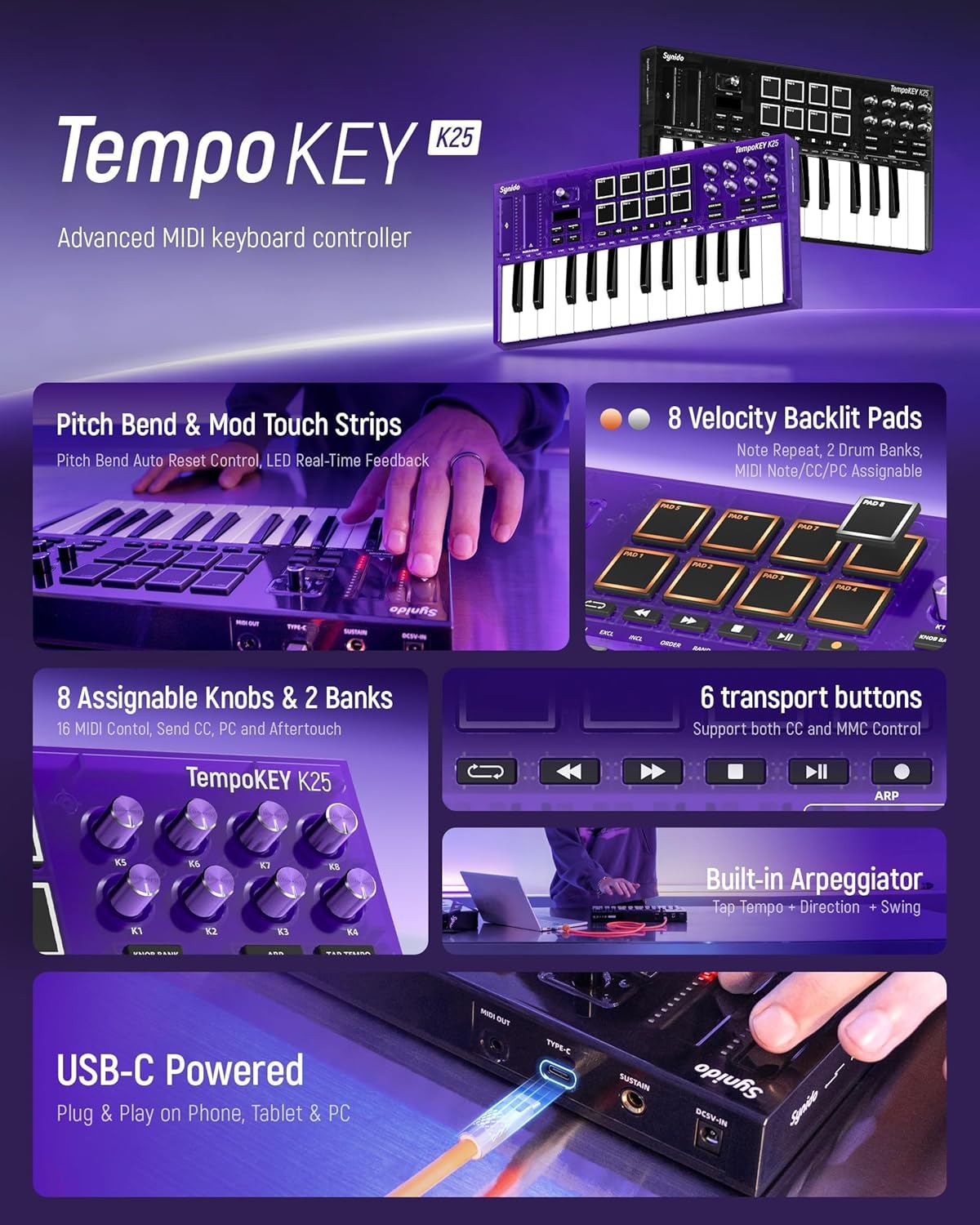 Synido 25 Key USB MIDI Keyboard Controller with Drum Pads, Professional Mini Midi Keyboard with OLED Screen, Beat Maker Machine for Music Production, Purple, TempoKEY K25
