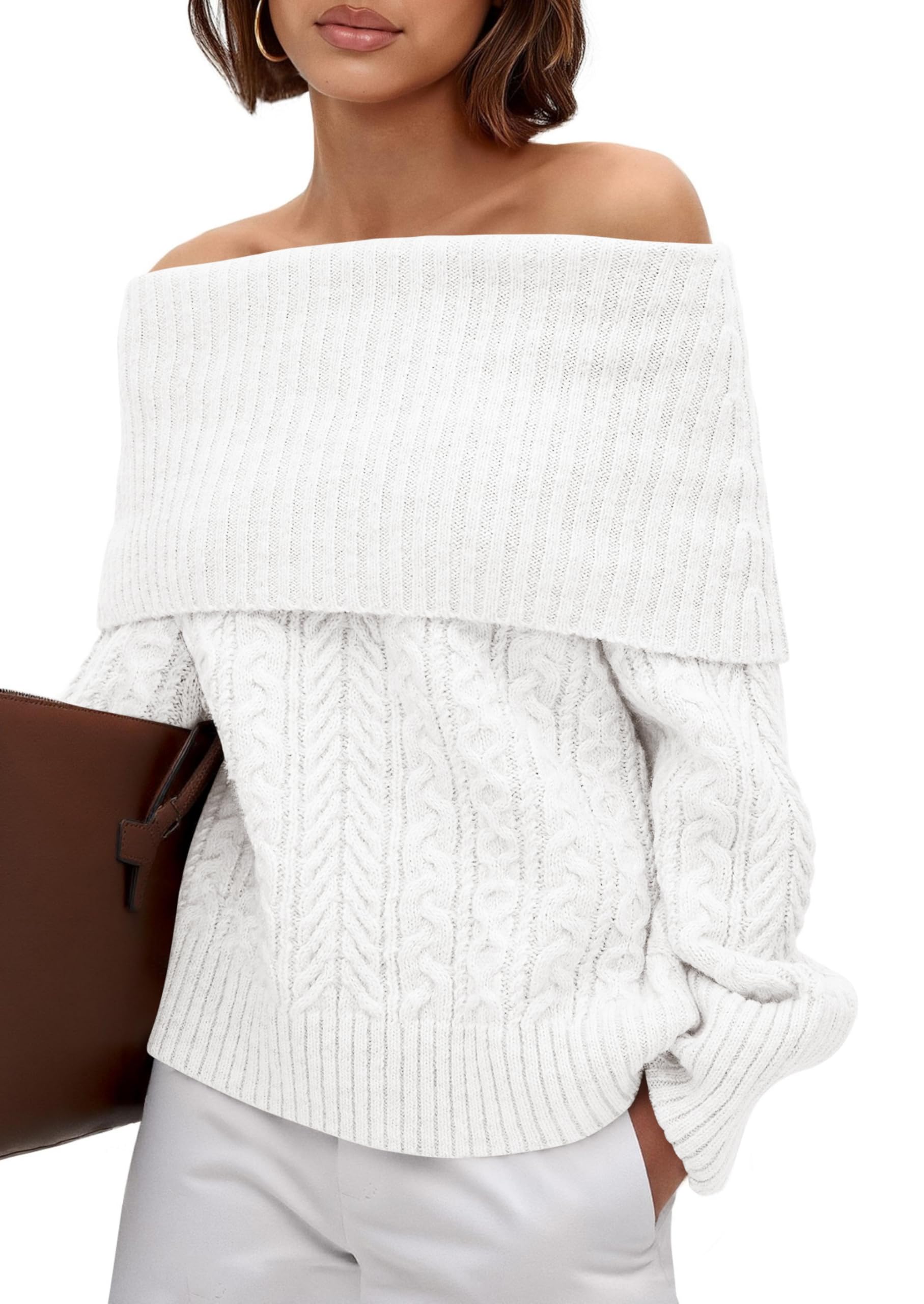 MASCOMODA Womens Sweaters Off The Shoulder Long Sleeve Cable Knit Sweater Loose Chunky Pullover Dressy Work Tops Fall