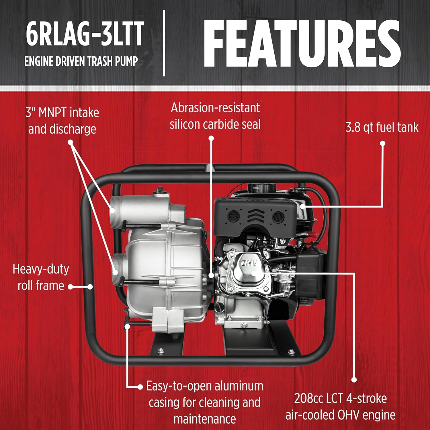Red Lion 6RLAG-3LTT 208cc, 285 GPM OHV Engine Driven Aluminum Trash Pump, 3-Inch MNPT Suction and Discharge, Black, 617038