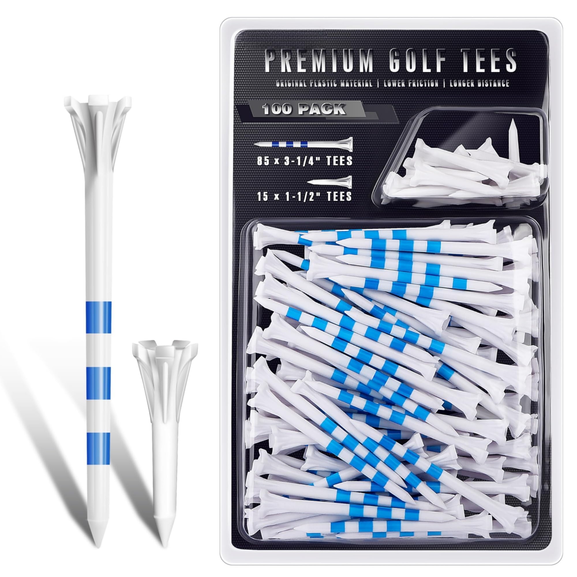 Golf Tees, Golf Accessories Professional 5 Prongs Golf Tees 100 Pack | 85 Driver Tees with 15 Iron/Hybrid Tees Mixed Pack | Low Friction and Resistance Golf Plastic Tees (WHITE)