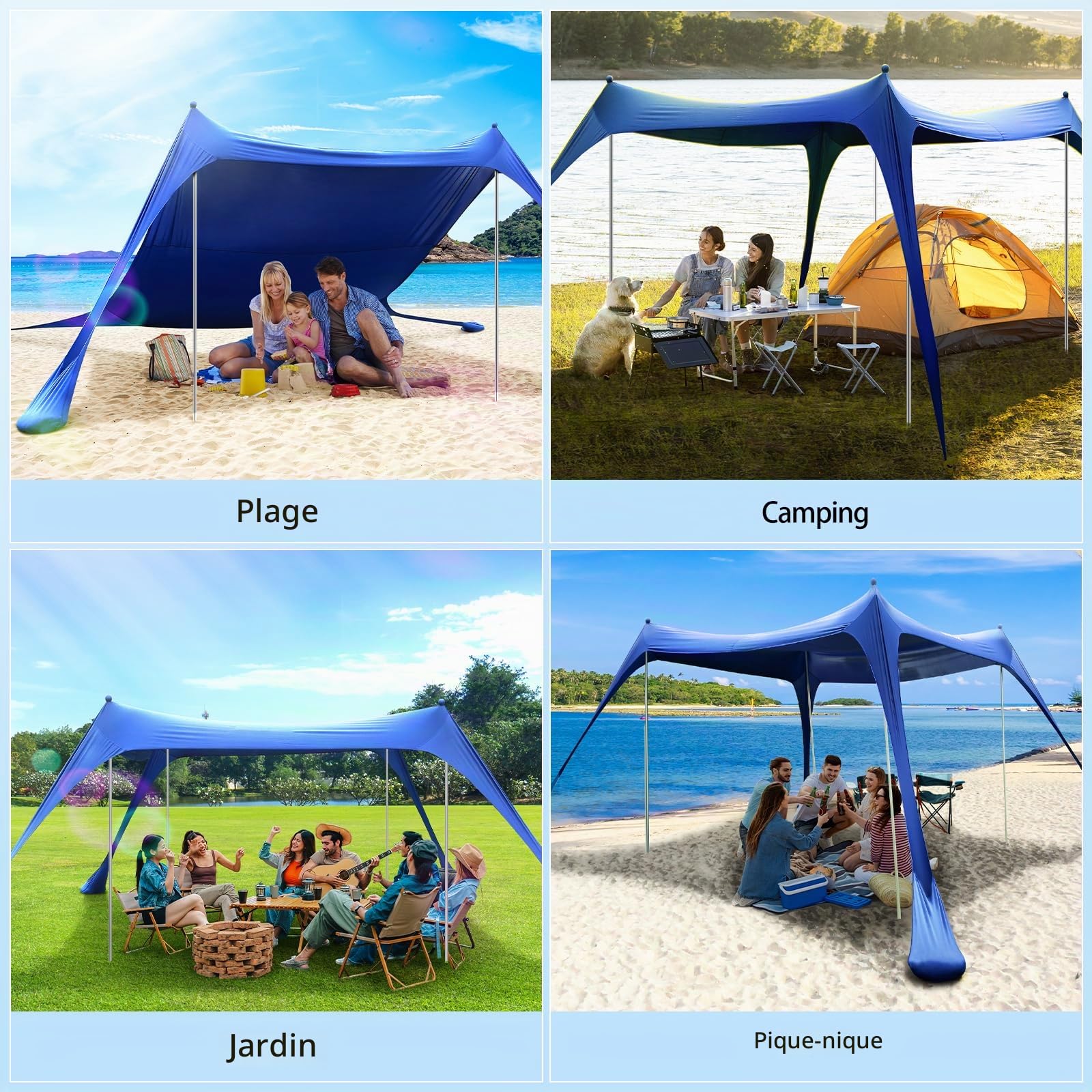 Sportneer Tente de plage, 3 x 3 m, abri solaire UPF50+ avec sacs de sable, pelles à sable, piquets de sol et poteaux de stabilité, auvent de plage d'extérieur pour plage, camping, pêche