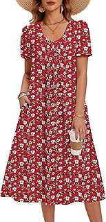 Zeagoo Summer Dress for Women Casual Floral Midi Sundress with Pockets V Neck Pleated Short Sleeve Aline Beach Vacation Dress