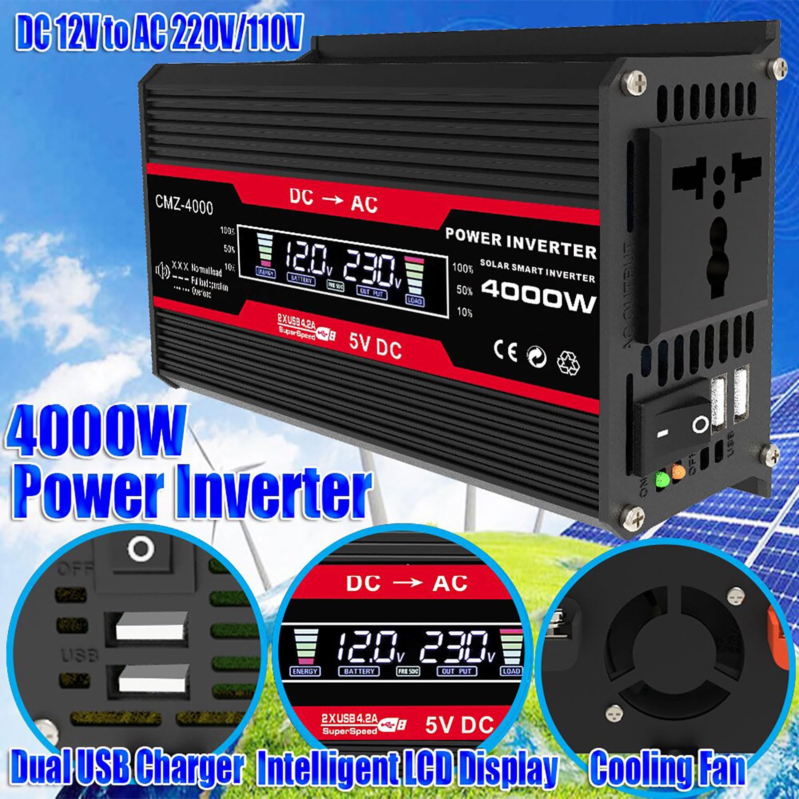 Zestaw wodoodpornych paneli słonecznych 50 W z falownikiem 4000 W – kompletne zasilanie poza siecią dla kamperów i kempingów z inteligentnym wyświetlaczem LCD(Black)