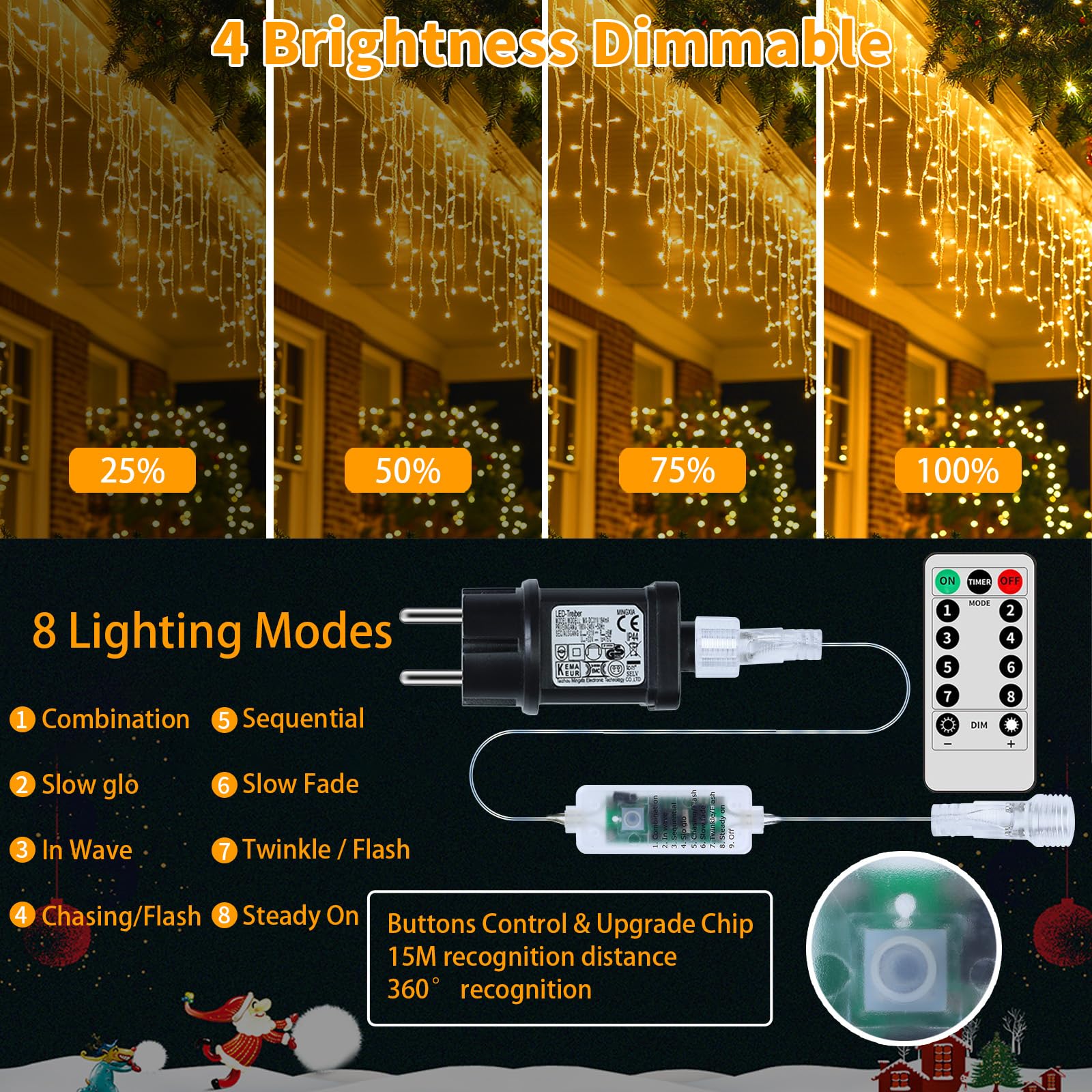 Erneuerbar Eisregen Lichterkette, 3 In 1 25+5M 800 LED Weihnachtslichterkette mit 8 Modi, Timer, Memory-Funktion Weihnachtsbeleuchtung Lichtervorhang für Innen Außen Weihnachten Warmes Weiß
