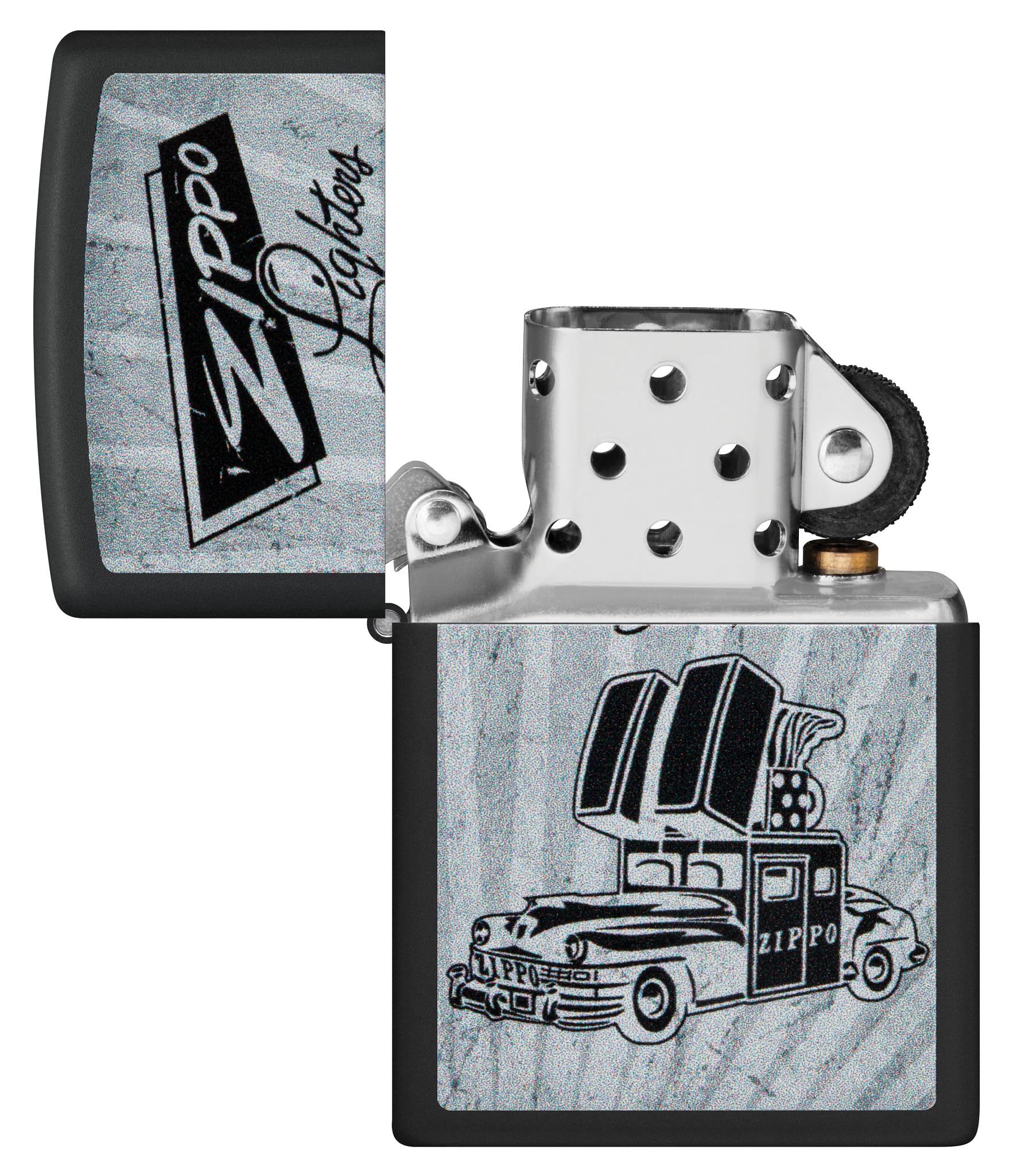 Zippo Car Zapalniczka Sztormowa, Kolorowy Nadruk, do Napełniania, Wielokrotnego Użytku, Wiatroodporna Konstrukcja, Pudełko na Prezent, Wykonano w USA, Kolor Czarny Matowy