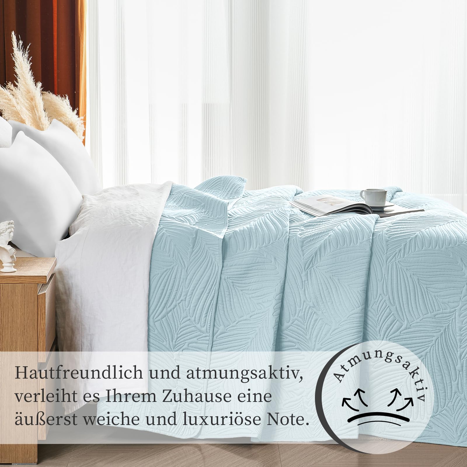 Colcha Boutí 240x260 cm,Colcha Ultrasónica Azul Cielo,Ligera,Suave y Fácil de Limpiar,Doble Cara,Funda de Cama con Motivo de Hojas,Ideal para Todas Las Estaciones,para Cama y Sofá