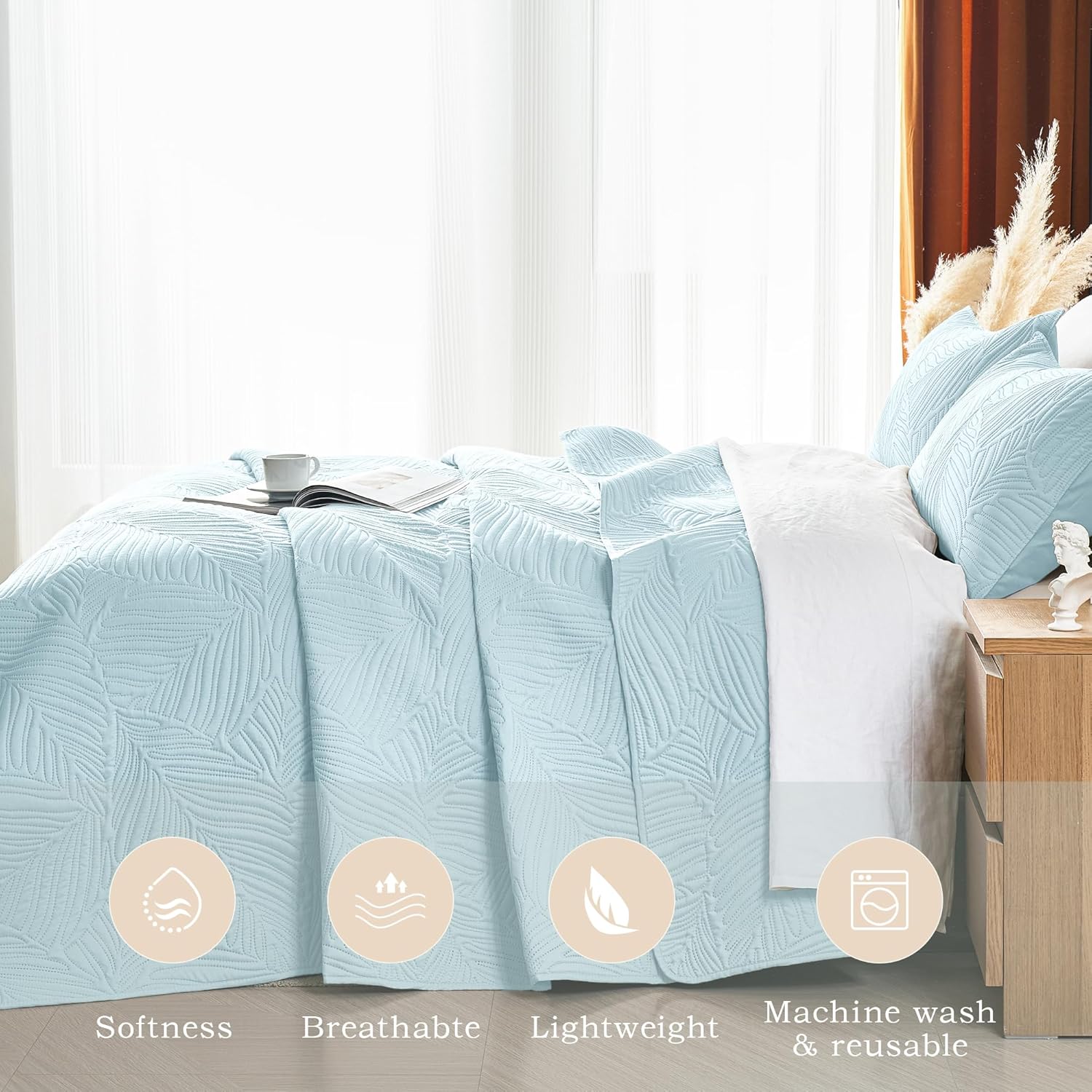 OARAGE Queen Quilt Bedding Set Soft Lightweight Aqua Blue Bedspread with Leaf Pattern,Ultrasonic Microfiber Bed Coverlet Full Size for All Season (1 Quilt, 2 Shams) - Image 3