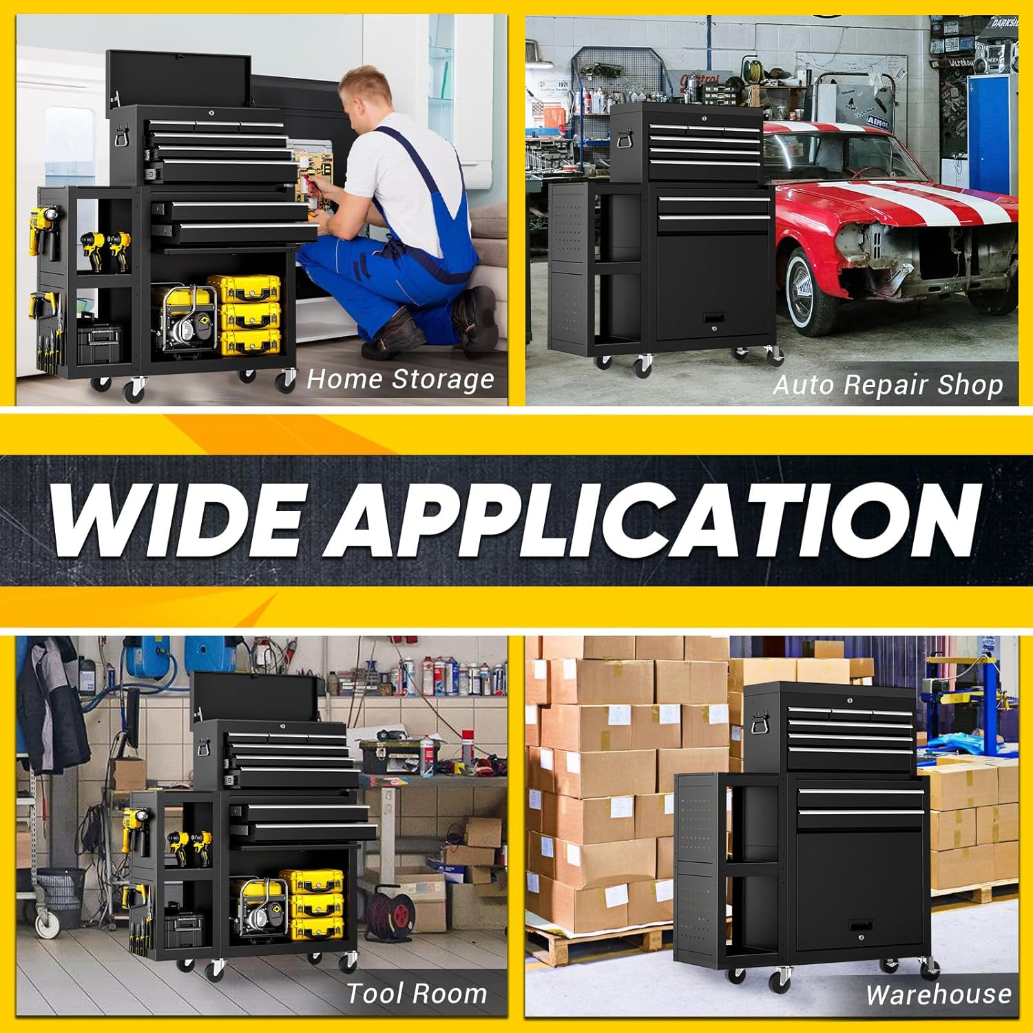 8-Drawers Rolling Tool Chest with Wheels, 3-in-1 Exclusive Tool Box Combo with Removable 4-Tire Utility Cart, 30% Extra Storage Rolling Tool Cabinet for Garage Workshop, 35”W x 13”D x 43”H-Black
