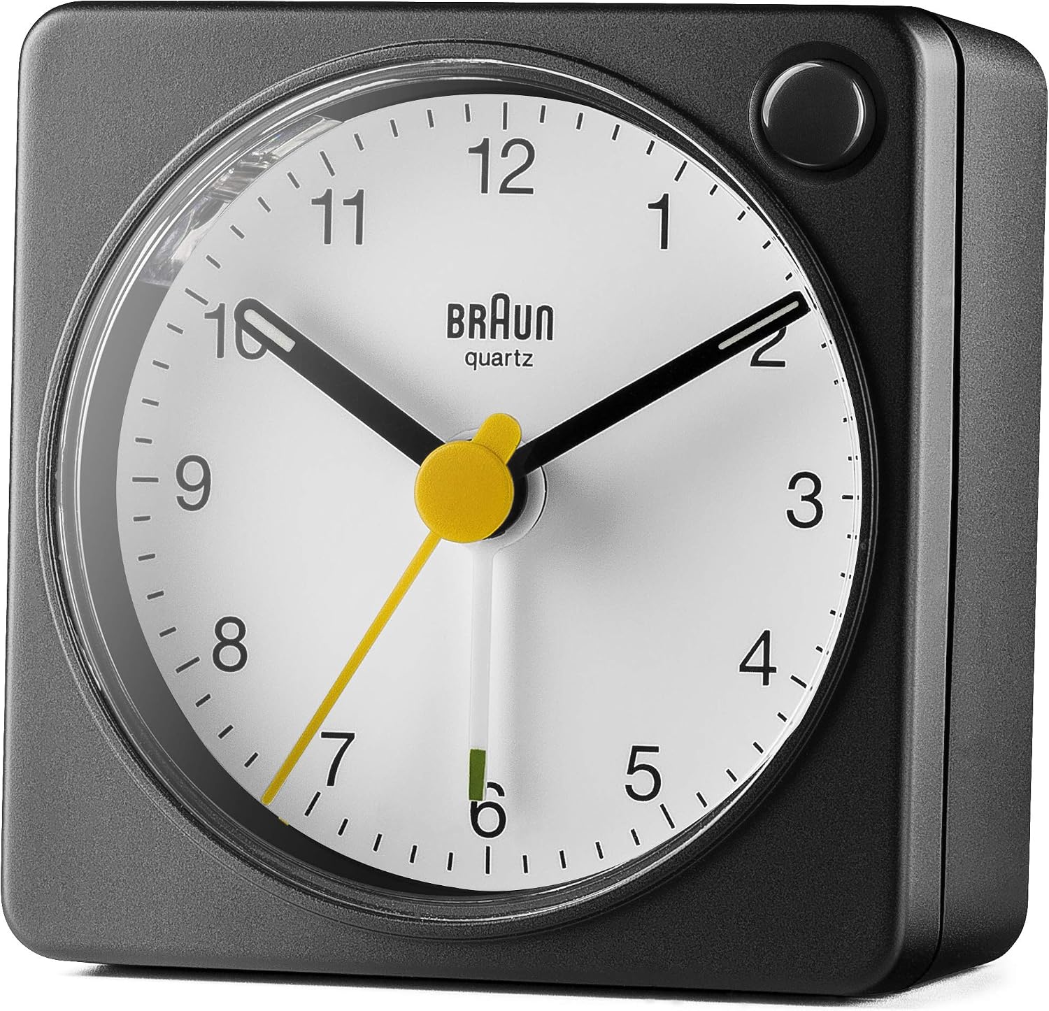 Braun Classic Analogue Travel Alarm Clock with Snooze Function and Light, Compact Size, Quiet Quartz Movement, Crescendo Alarm, Black and White Model BC02XBW