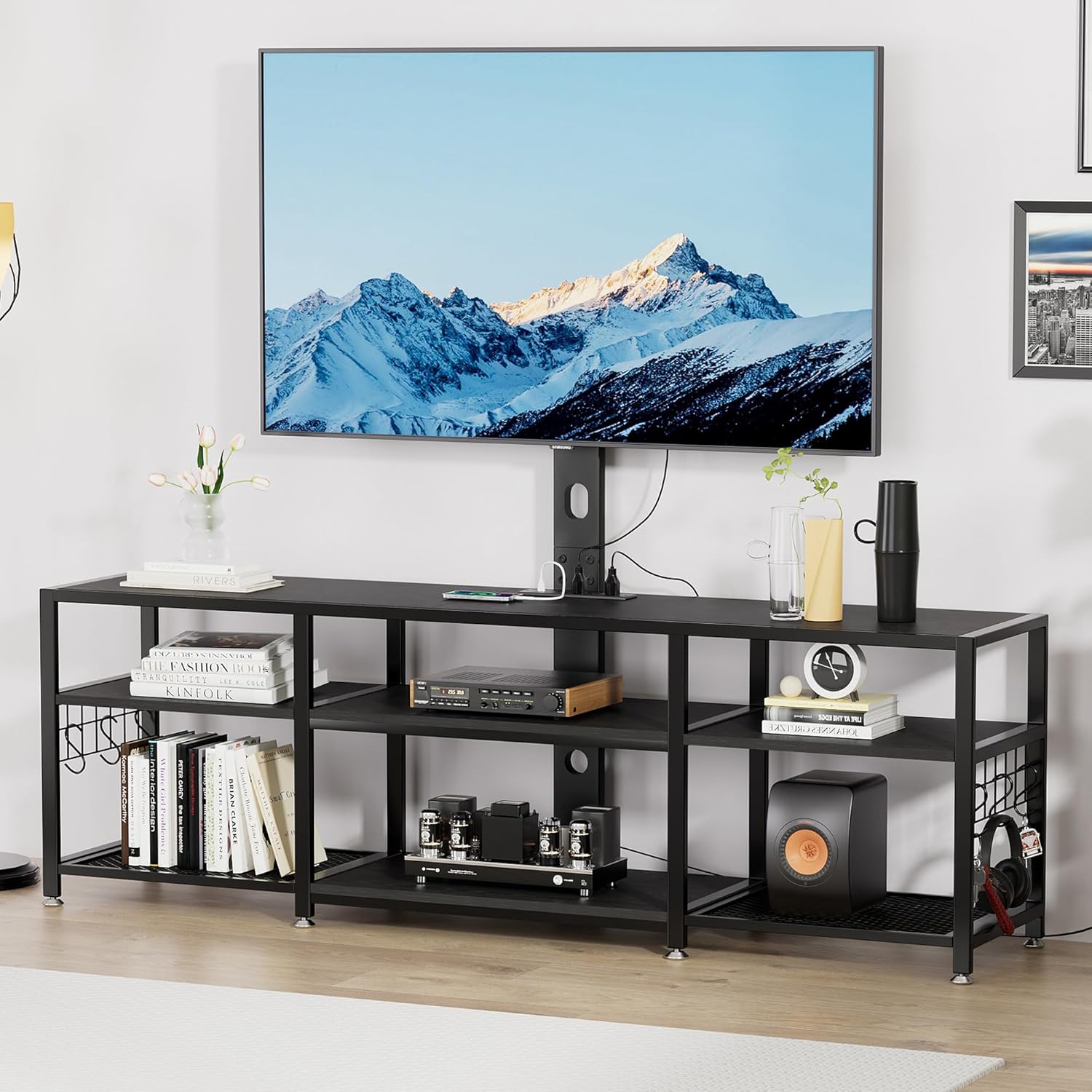 VECELO TV Stand with Mount and Power Outlet, Height Adjustable Entertainment Center with Storage Shelves for 32/55/65/70/75 inches Televisions, Console Table for Living Room, Bedroom, Matte Black - Image 4