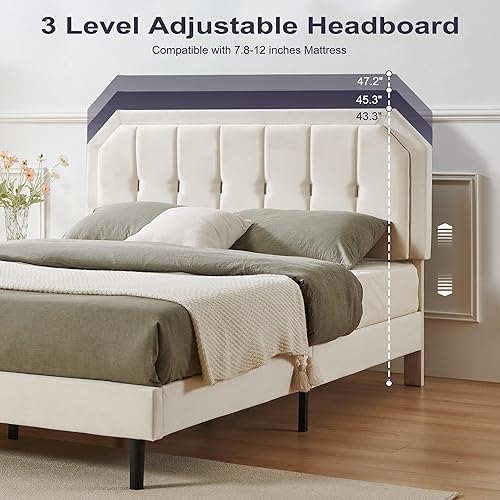 Miniatura 3 de Base de cama tamaño Queen, plataforma tapizada de terciopelo con ribete dorado, cama de estilo moderno con cabecera ajustable, no necesita somier,