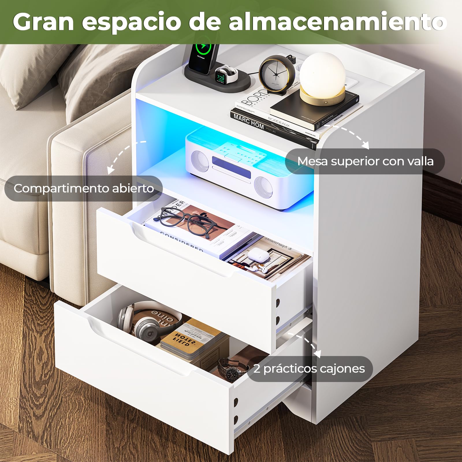 Brinlawb Juego de 2 Mesitas de Noche con luces LED y Estación de Carga (2 Tomas AC, 2 Puertos USB) Mesita de Noche Blanca Mesas Auxiliares con 1 compartimento abierto y 2 cajones para Dormitorio Salón