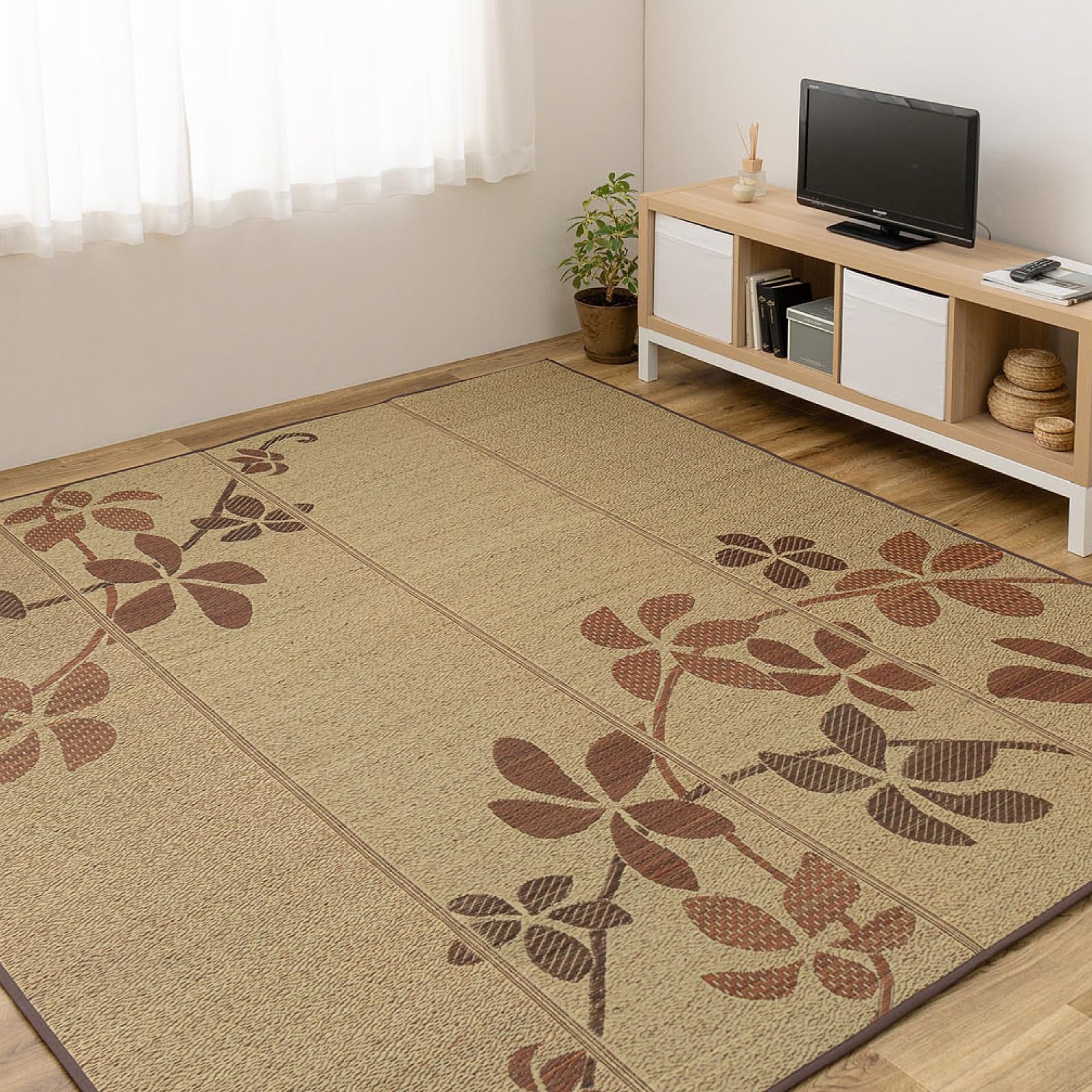 萩原 い草ラグ カーペット 裏貼り リーフ ベージュ 約240×300cm ふっくら 厚手 ウレタン入り 防音 コンパクト収納
