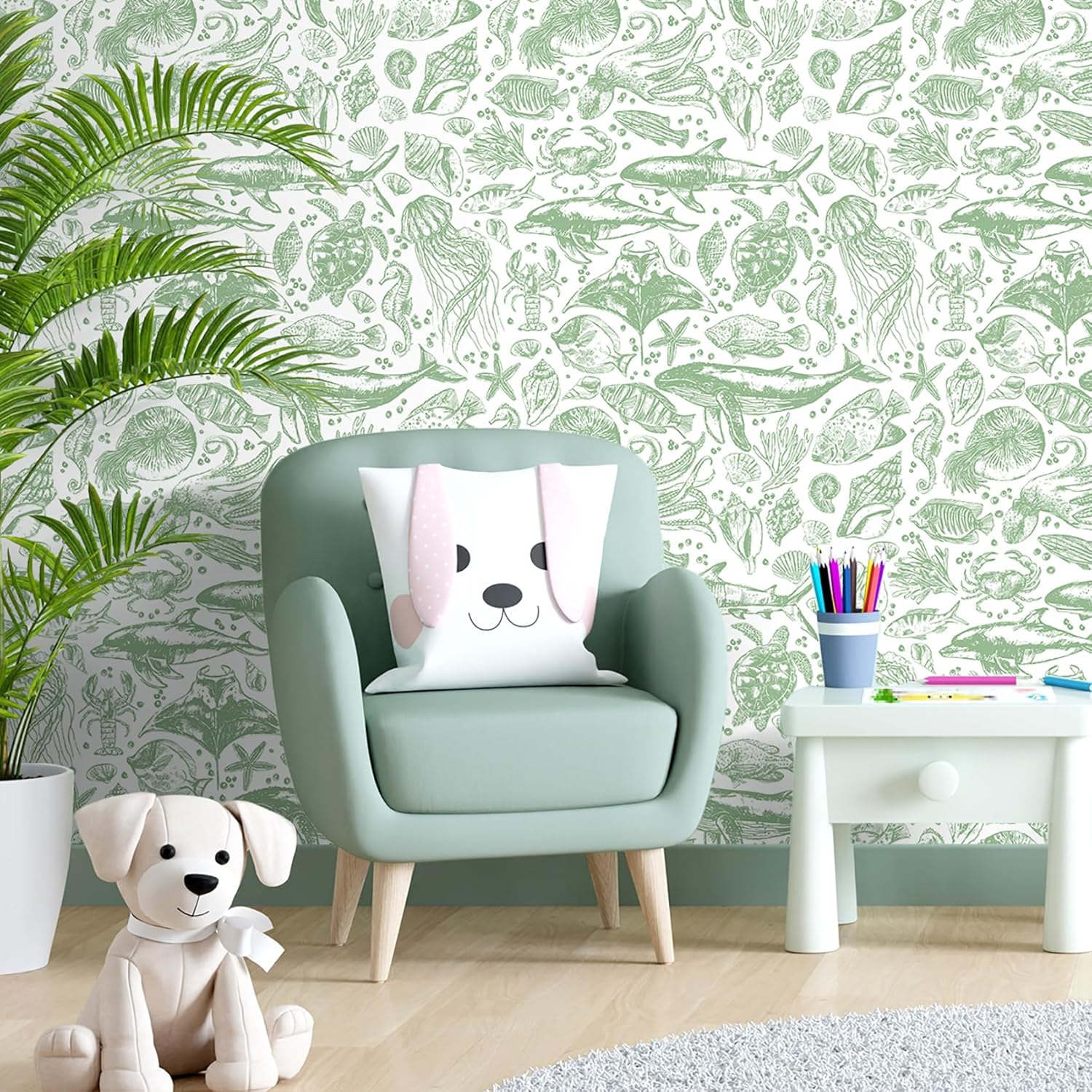 Livelynine 17.5x276" Coastal Peel and Stick Wallpaper Green Contact Paper Beach Nautical Ocean Renter Friendly Whale Shark Sage Green Wallpaper for Bathroom Walls Kids Pastel Sea Life Nursery Mural