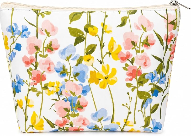 Necessaire OFY pequena em poliéster com zíper e estampa floral bege, Pacote com 1