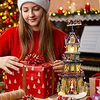 Vista 3 de Casas de Pueblo Navideño Edificios Coleccionables de Navidad Campanario con Luces LED, Pueblo de Vacaciones Navideñas Musical con USB Figuras