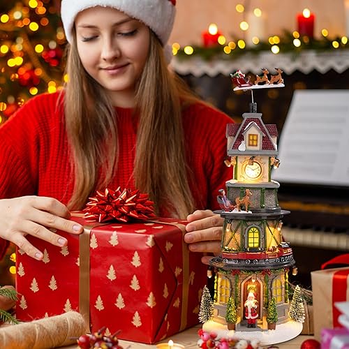 Miniatura 3 de Casas de Pueblo Navideño Edificios Coleccionables de Navidad Campanario con Luces LED, Pueblo de Vacaciones Navideñas Musical con USB Figuras de