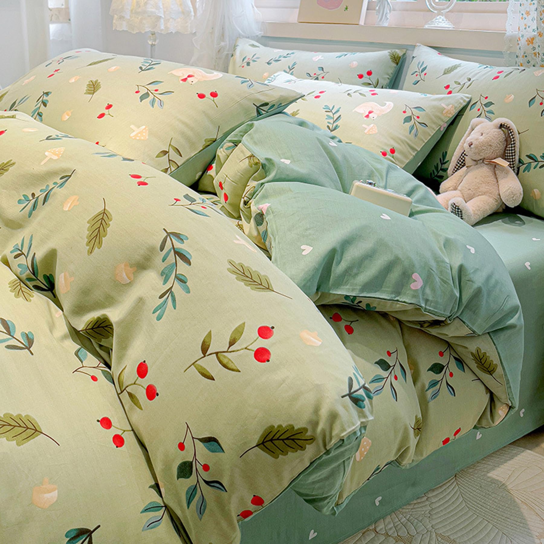 Parure de lit 100% coton haut de gamme housse de couette florale verte