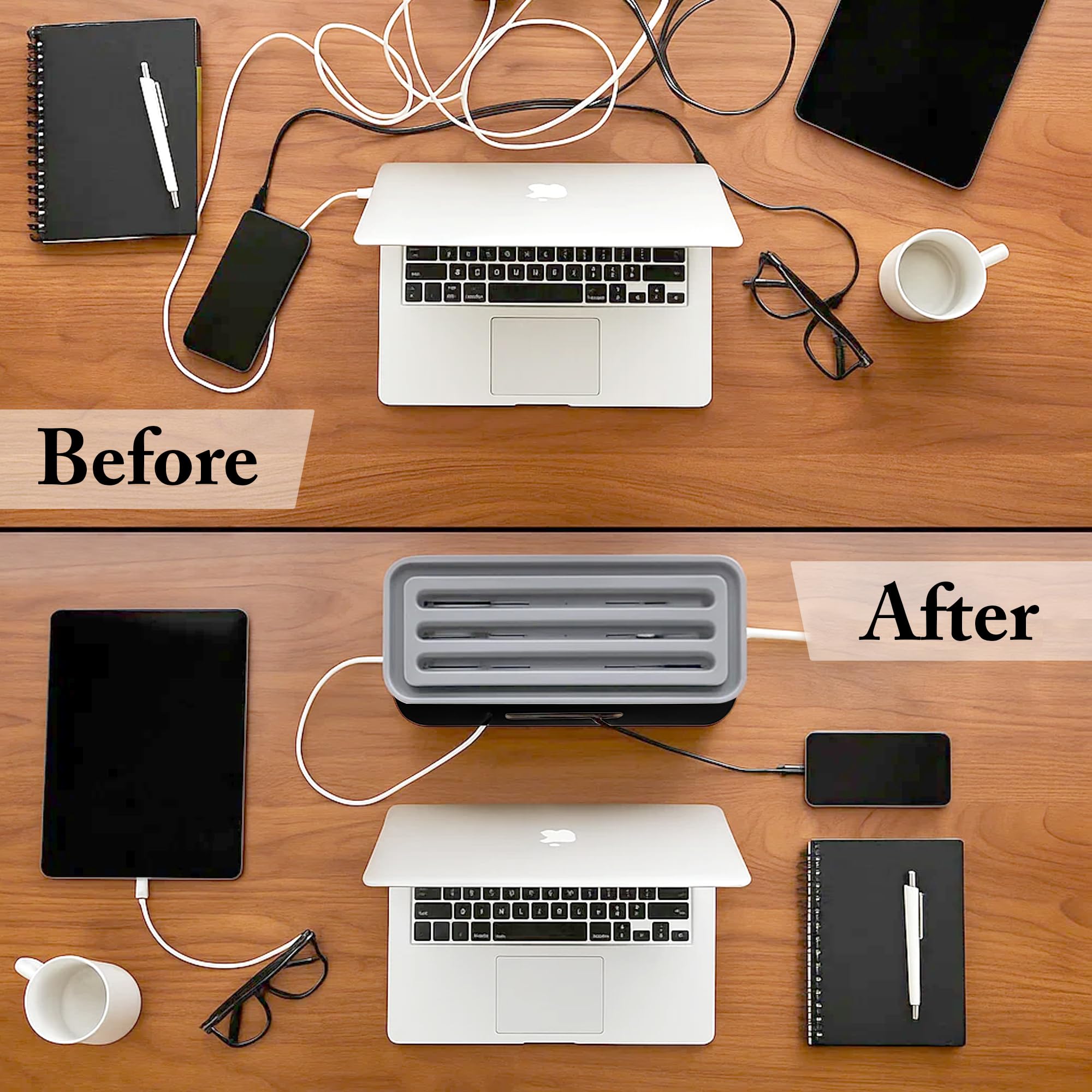 GLUN Caja de gestión de cables con soporte móvil – Regleta de alimentación y organizador de cables, caja de protección contra sobretensiones para cables, cables y enchufes – Uso en escritorio y