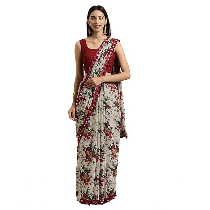 Women's Georgette with Blouse Piece 7510 Sarees (TKIM812_Off White & Red_Free Size)