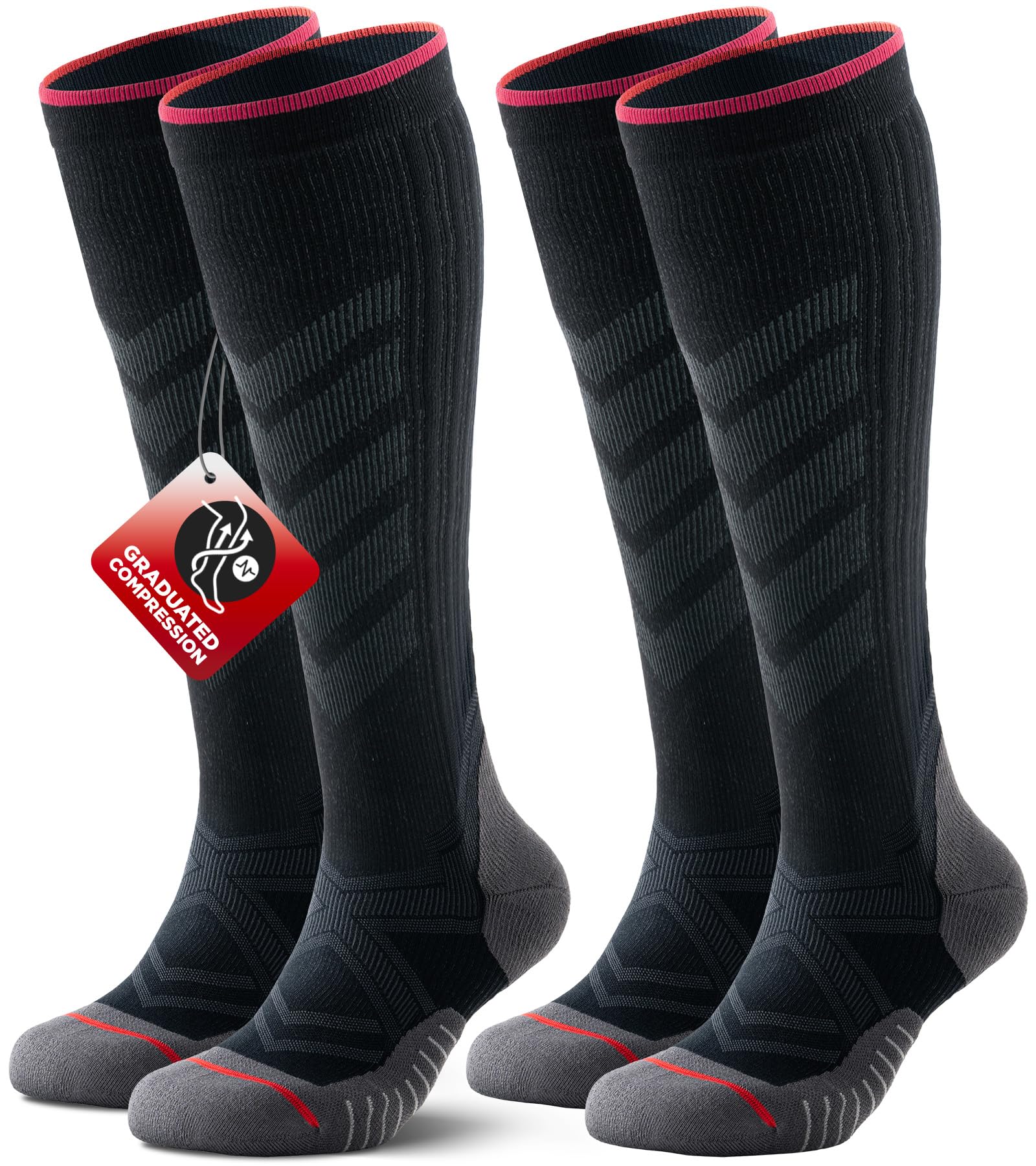 RUIXUE Compression Socks for Women Men, 2 Pairs 15-20 mmHg Knee High Graduated Support Socks, Breathable Moisture-wicking for Flying Travel Running Nurses Pregnancy All-Day Wear