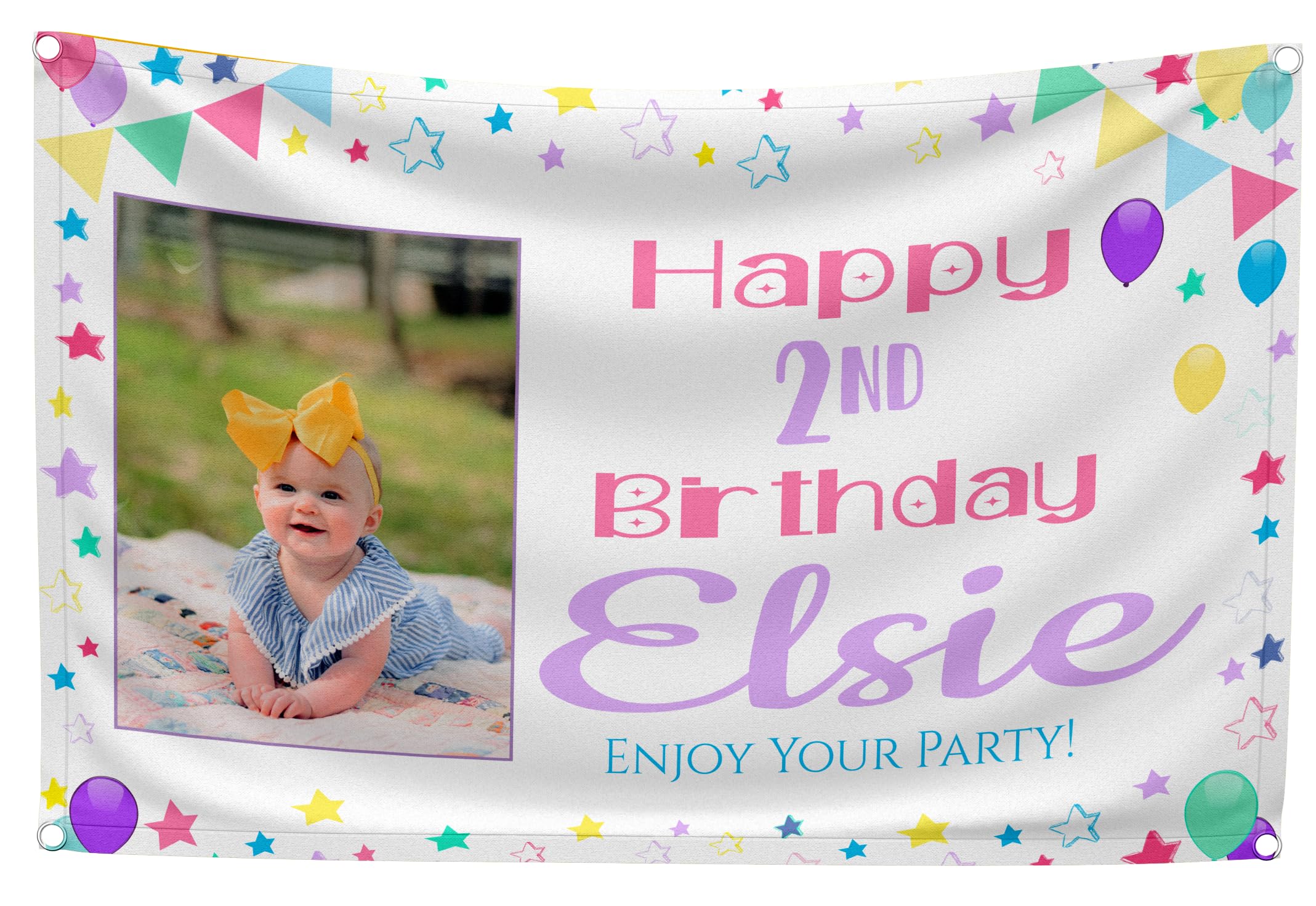 Large Personalised Backdrop, Customised Banner with Photo - Write Any Message for Girls - Happy Birthday Sign, Christening Party Decorations, Outdoor Fabric (Pastel Stars, with PHOTO)