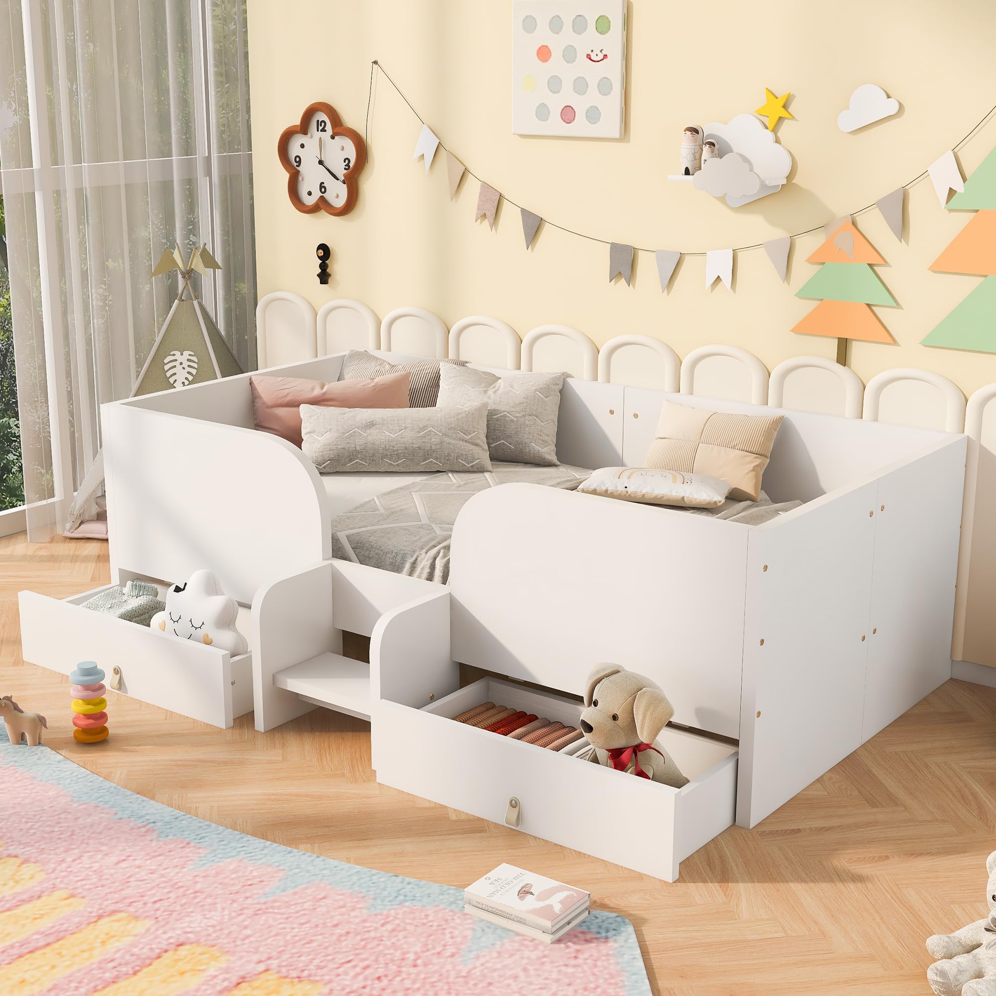 Lettino Singolo 90x200 con Due Cassetti e Piccolo Gradino Letto con Cassetti con Sponde Alte a Barre e Rete di 15 Doghe Letto in Legno in Compensato e MDF per Camera Bianco