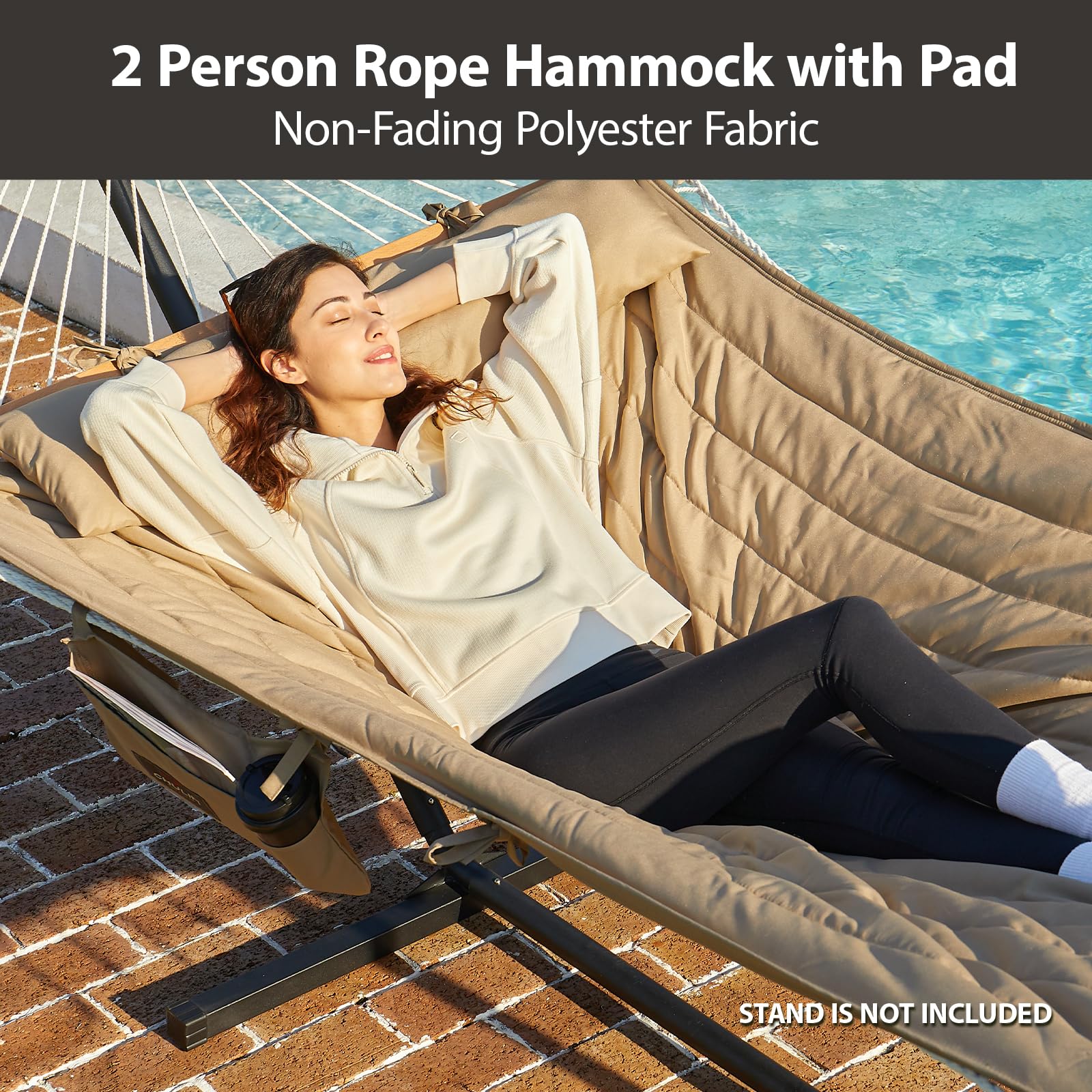Hamaca doble para exteriores con barras separadoras de madera dura, hamaca de cuerda grande con almohadilla de poliéster y almohada, capacidad de 475 libras para 2 personas, patio, patio 2