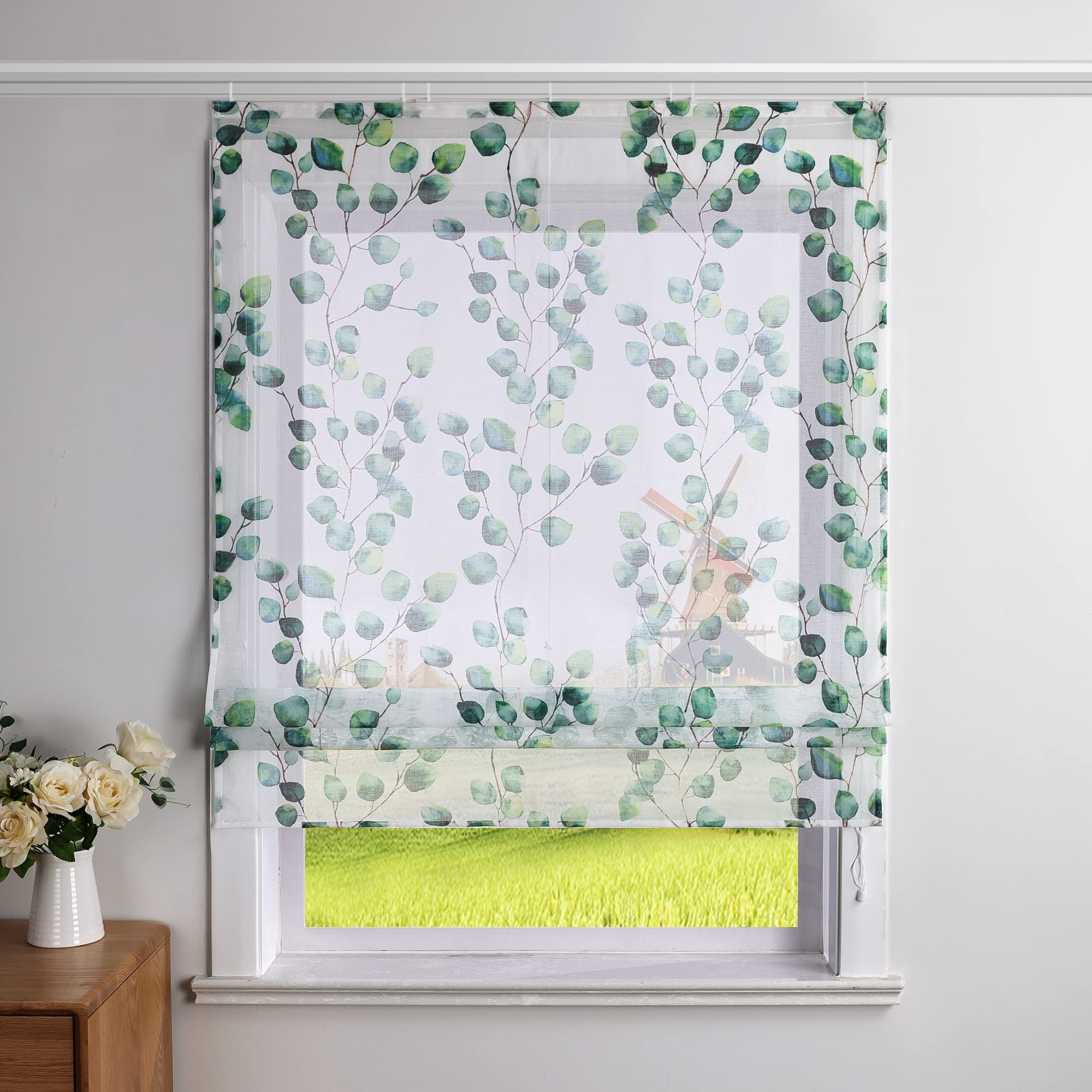 Raffrollo Leinenoptik mit Klettband Küche Raffgardine Blätter-Druck Fenster Bändchenrollo Transparenter Kurz Vorhang Landhausstil B/H 140/140 cm Grün