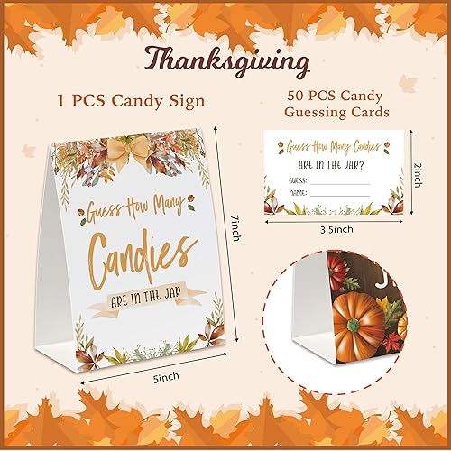 Miniatura 2 de Juego de fiesta de dulces de Acción de Gracias, Guess How Many Candies Are In The Jar (1 letrero de pie de doble cara + 50 tarjetas de adivinación),