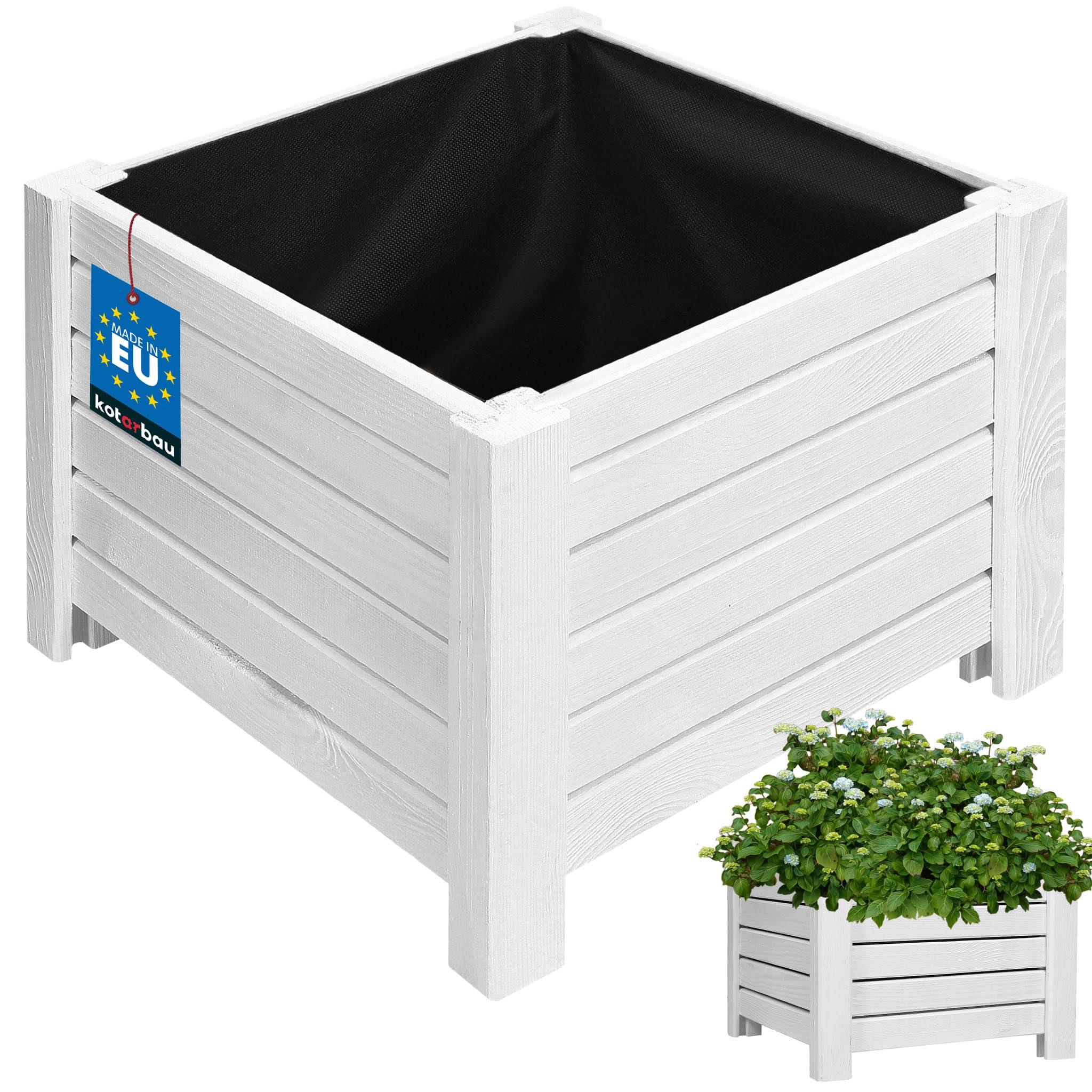 KOTARBAU® Planters outdoor - Garden Planters - Pine Wood - 38 x 38 x 30 cm (14.96x14.96x11.81 inches) - White - Outdoor Plant Pots - with Liner - Wooden Planter - for Terrace