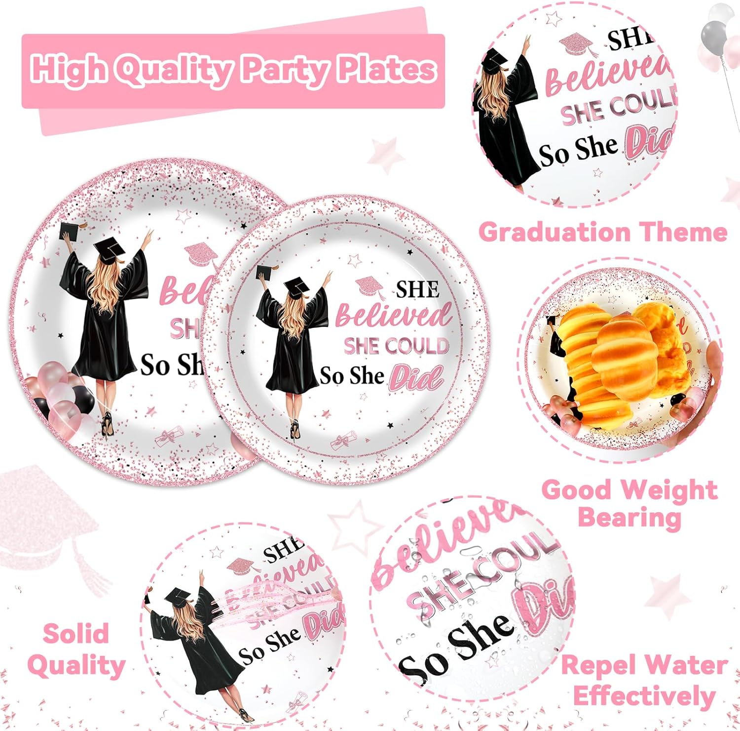 200pcs Graduation Party Supplies Decoration 2025 Graduation Plates Napkins Pink She Believed She Could So She Did Tableware Congratulations Graduate Paper Plate for Girl College High School Serves 50