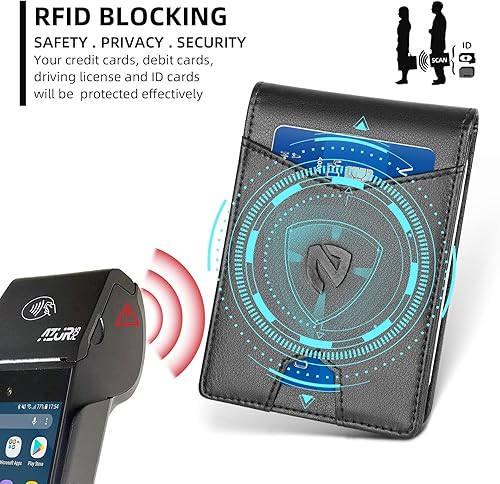 Miniatura 6 de NPET Cartera delgada para hombre, de piel, plegable, con bloqueo RFID, con clip para dinero y caja de regalo, Lichee Negro, Cartera para hombre