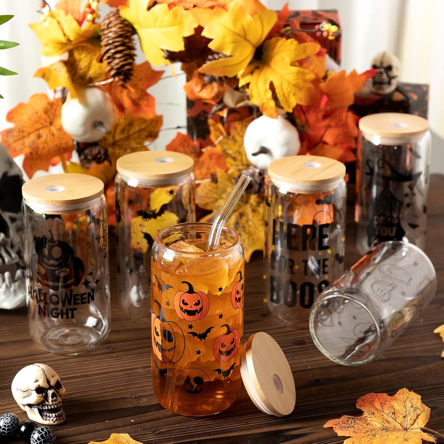 meekoo 6 Pcs Halloween Glass Cups 16 oz Iced Coffee Cups Pumpkins Bat Ghost Beer Tumblers with Lids and Straws Spooky Mug Mason Jar Glass for Halloween Party(Cute)