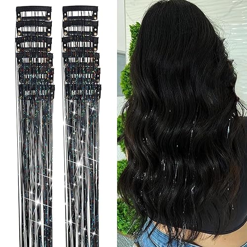 12 extensiones de cabello de oropel con clip de oropel con purpurina de 19.6 pulgadas, kit de oropel resistente al calor, accesorios de cabello de