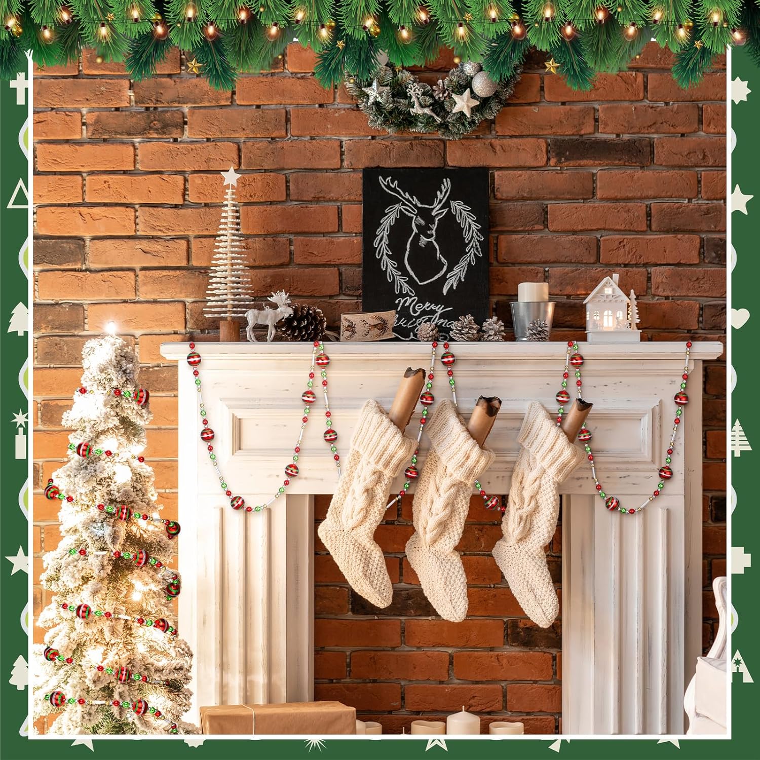 3 Pcs Long Christmas Acrylic Garland 30 ft Red Green Christmas Tree Beaded Garland Vintage Christmas Tree Garland Ornaments Xmas Gold and Silver Colorful Garland for Holiday Christmas Party Supplies