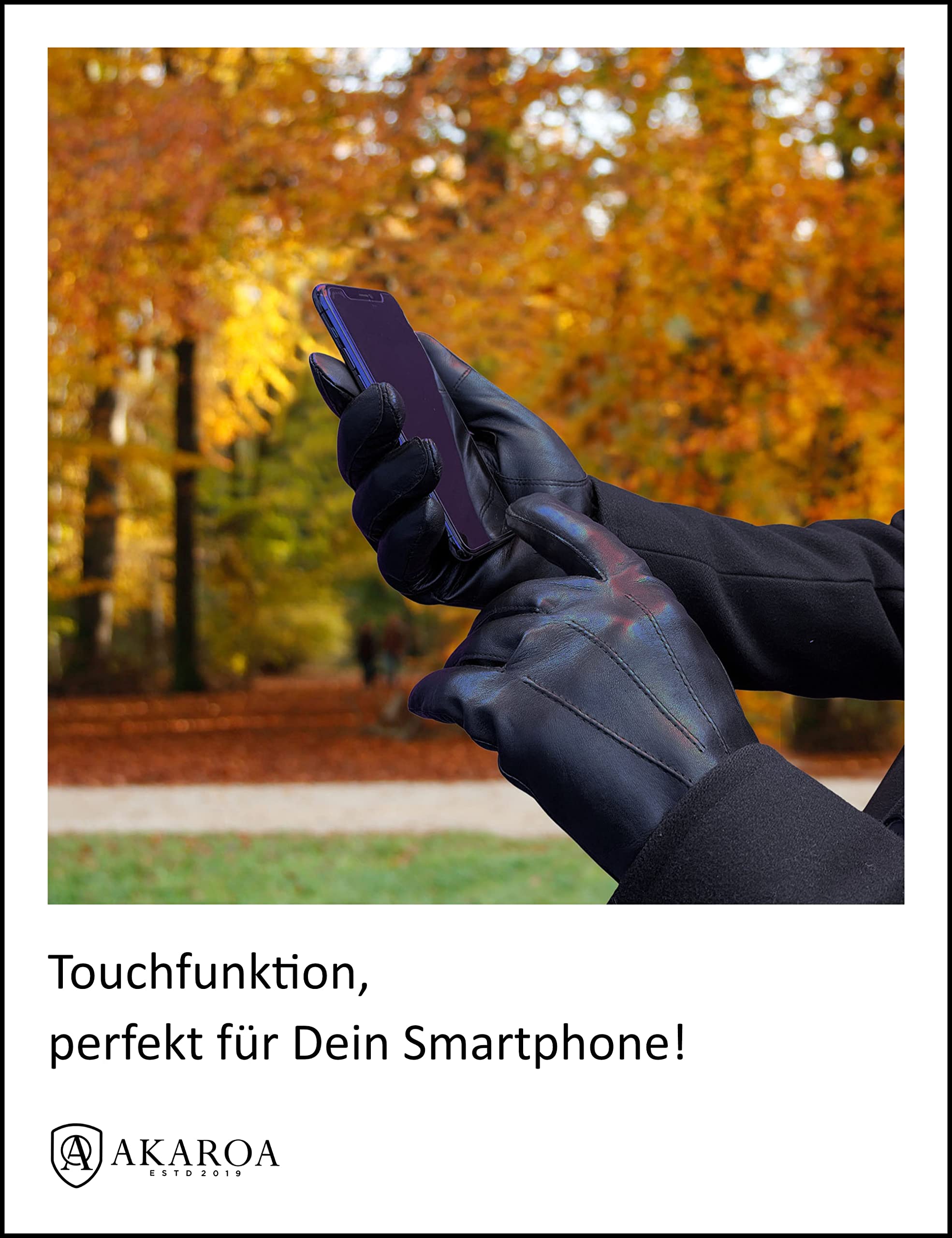 AKAROA ESTD 2019 Lederhandschuhe Herren MAX, Touchscreen Funktion, italienisches Leder, recyceltes Strickfutter aus 50% Kaschmir und 50% Wolle, 5 Größen S - XXL