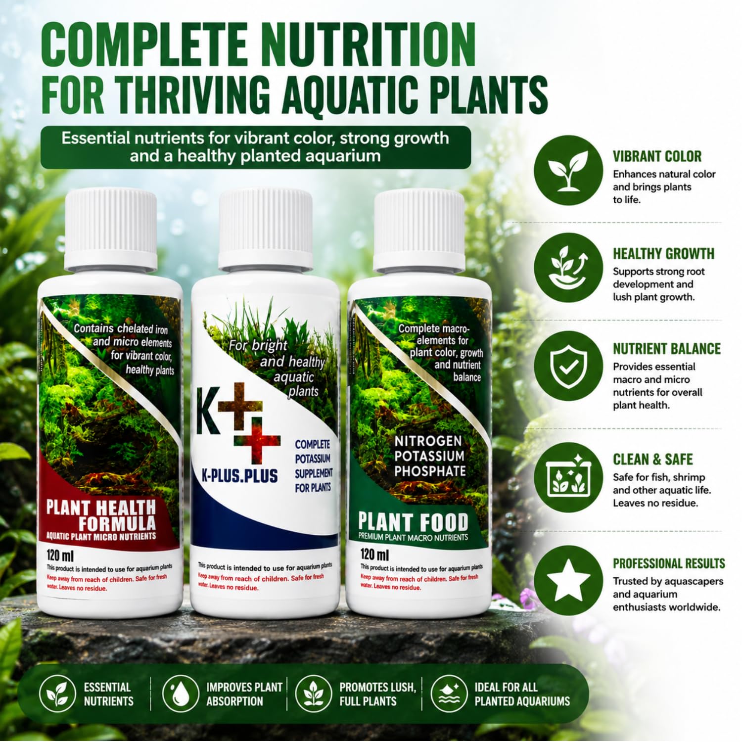 Vayinato Aquatic Remedies (Pack of 3) Aquarium Plant Health Formula 120Ml & Plant Food 120Ml & K-Plus Plus 100Ml - Liquid 1