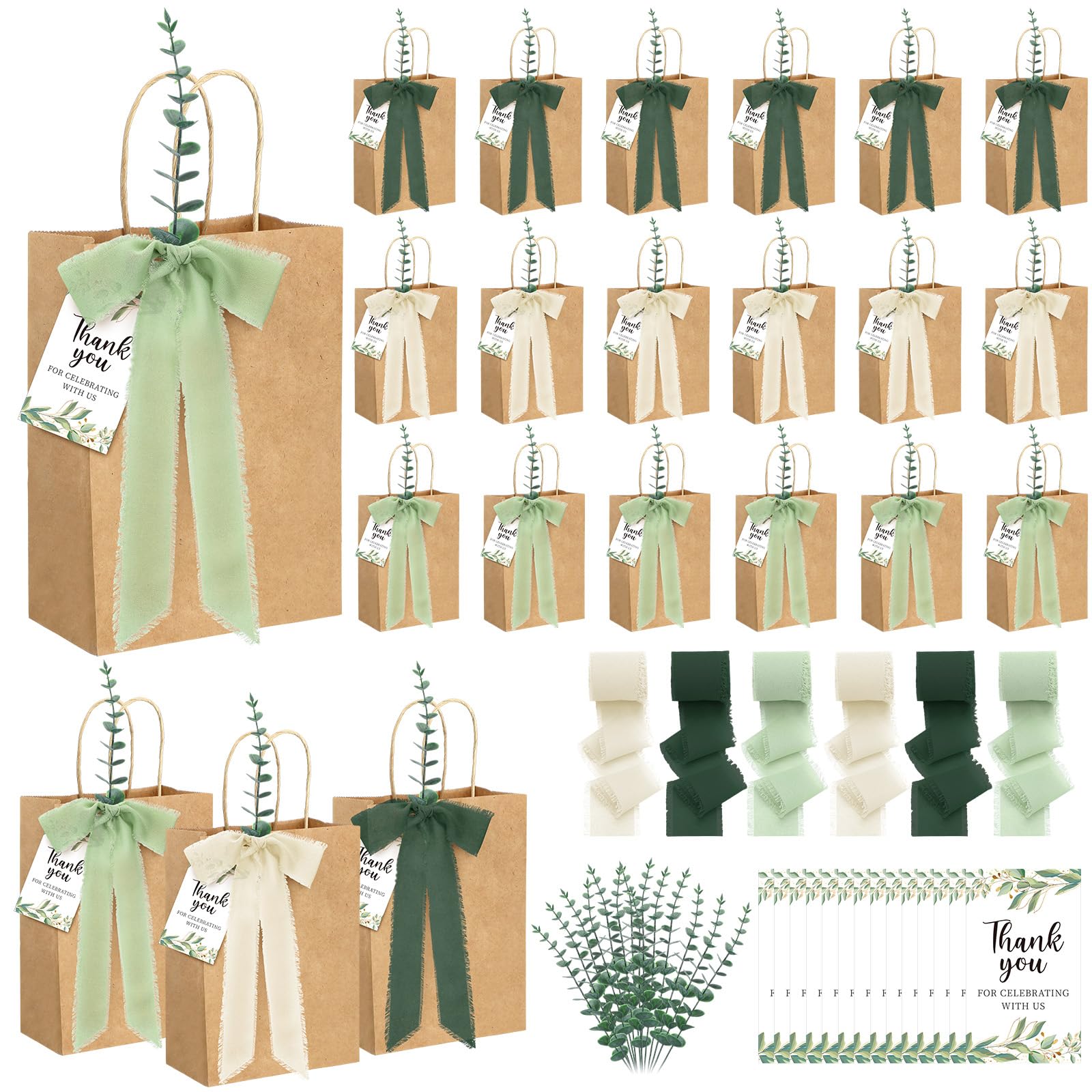 Motipuns Lot de 50 sacs de mariage en vrac pour invités - Vert sauge - Sacs cadeaux de bienvenue avec tiges d'eucalyptus artificielles et ruban en mousseline de soie - Cartes de remerciement pour fête