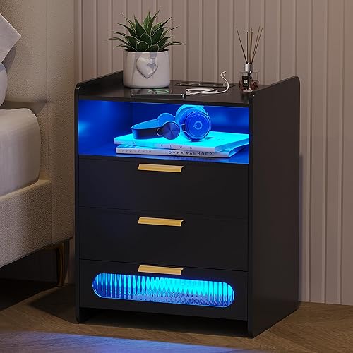 Miniatura 10 de dnbss Mesita de noche con estación de carga, mesita de noche LED con 3 cajones y almacenamiento de 2 niveles, mesa auxiliar de cama para dormitorio,