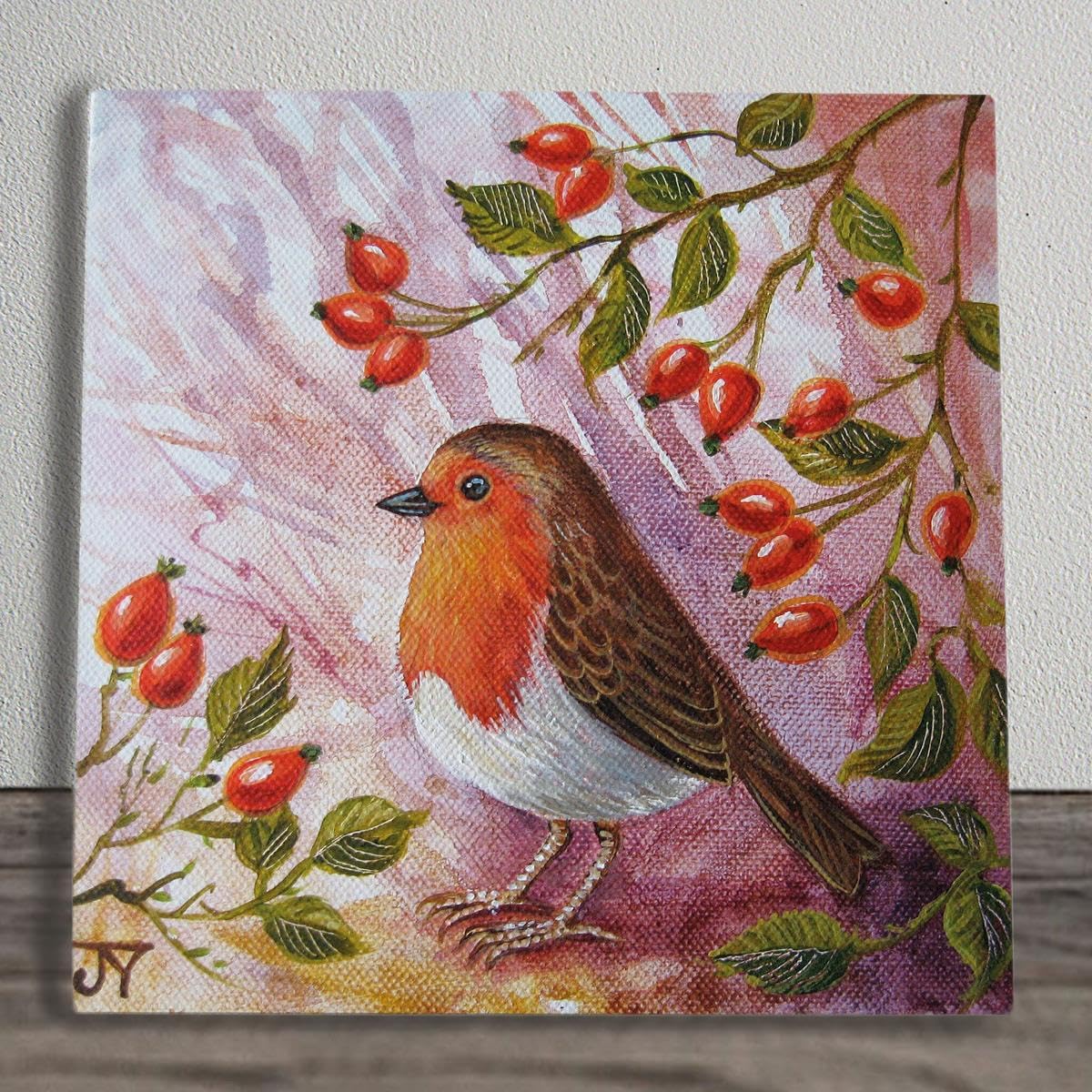 Rose Hip Robin Ceramic Art Tile by Judith Yates - 20x20 cm - Ready to Hang - Collectible Home Decor