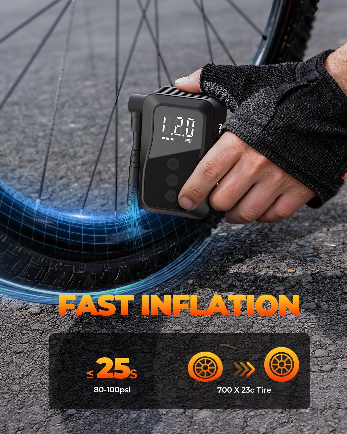 Mini bomba de neumáticos de bicicleta, bomba de inflado rápido de 25 segundos con calibre, bomba de aire eléctrica portátil de 150 PSI con válvula Presta y Schrader para bicicleta de carretera, ciudad