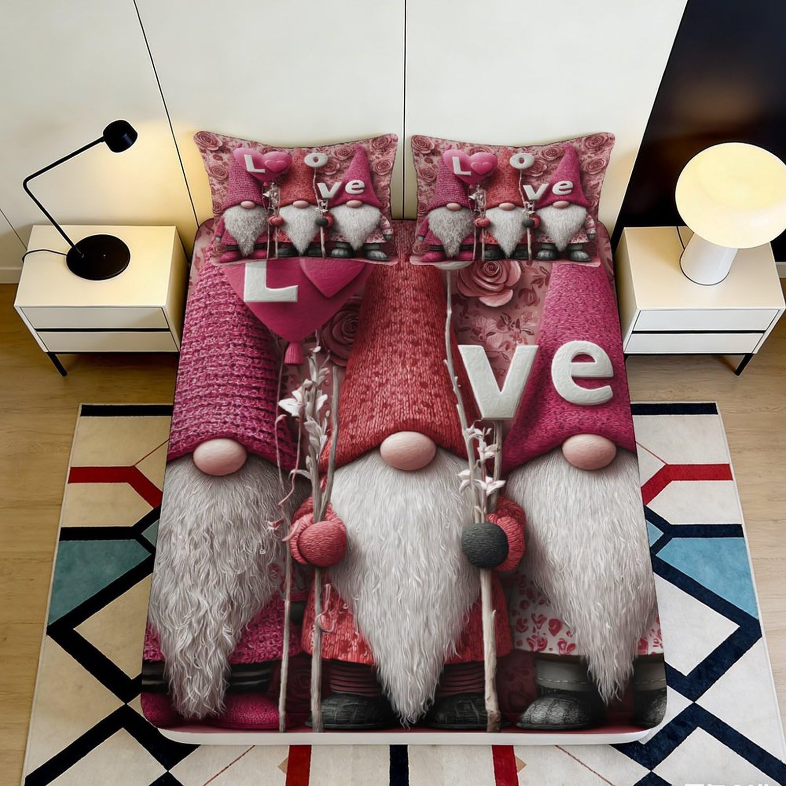 3D Printed Valentine Gnome Fitted Sheet Microfiber Bedroom Decor Pink Love Bed Cover for Adults Teens Dorms 90x200x25cm