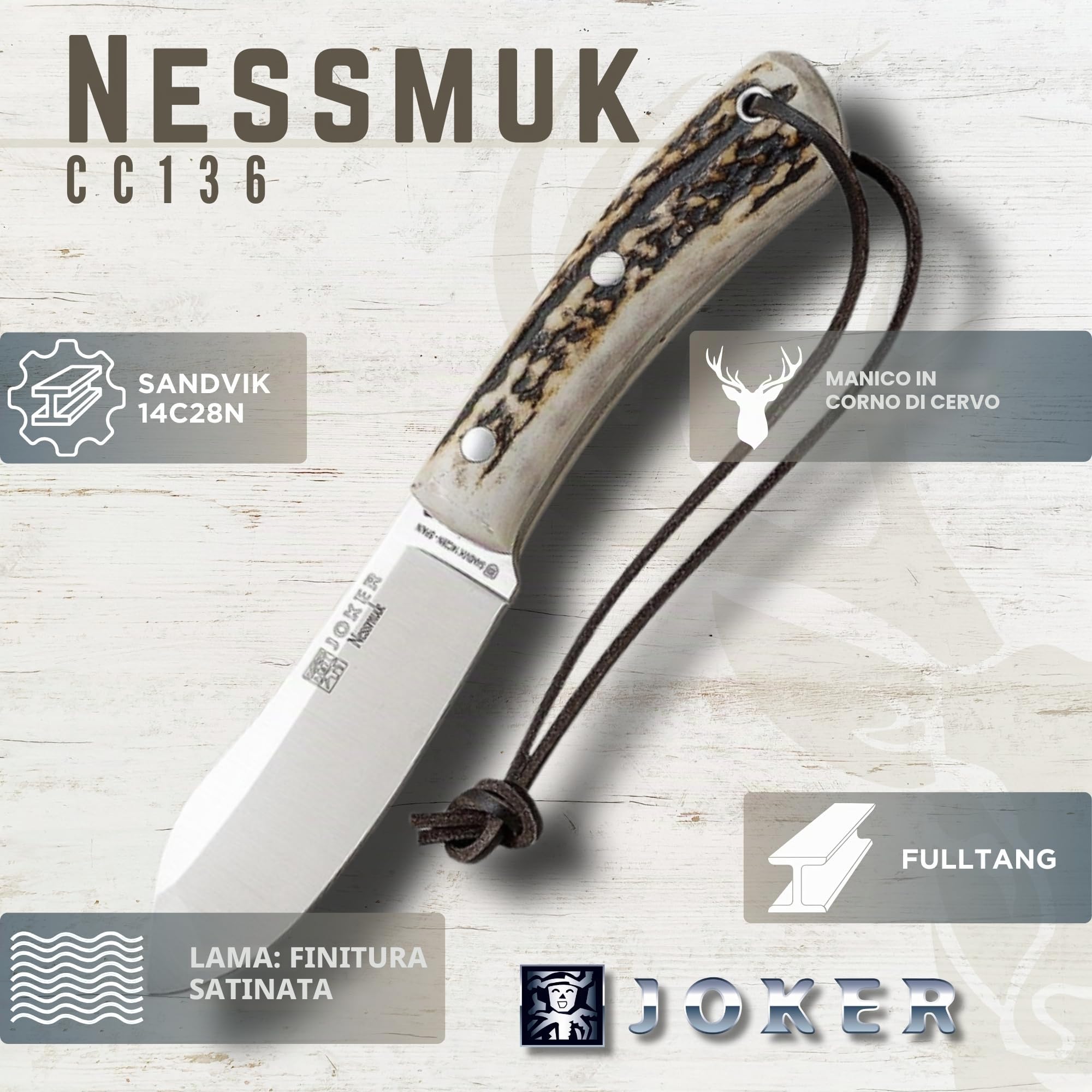joker Coltello da caccia CC136, con manico in staghorn da 11,5 cm, lama da 10,5 cm, include un fodero. Coltello di J.Sabater. per attività di Pesca, l'Escursionismo, Il Campeggio