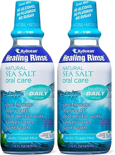 Paquete de 2 enjuague bucal H2Ocean Healing Rinse - Gran sabor de sal marina y xilitol enjuague bucal para aliento fresco y boca seca, sin alcohol