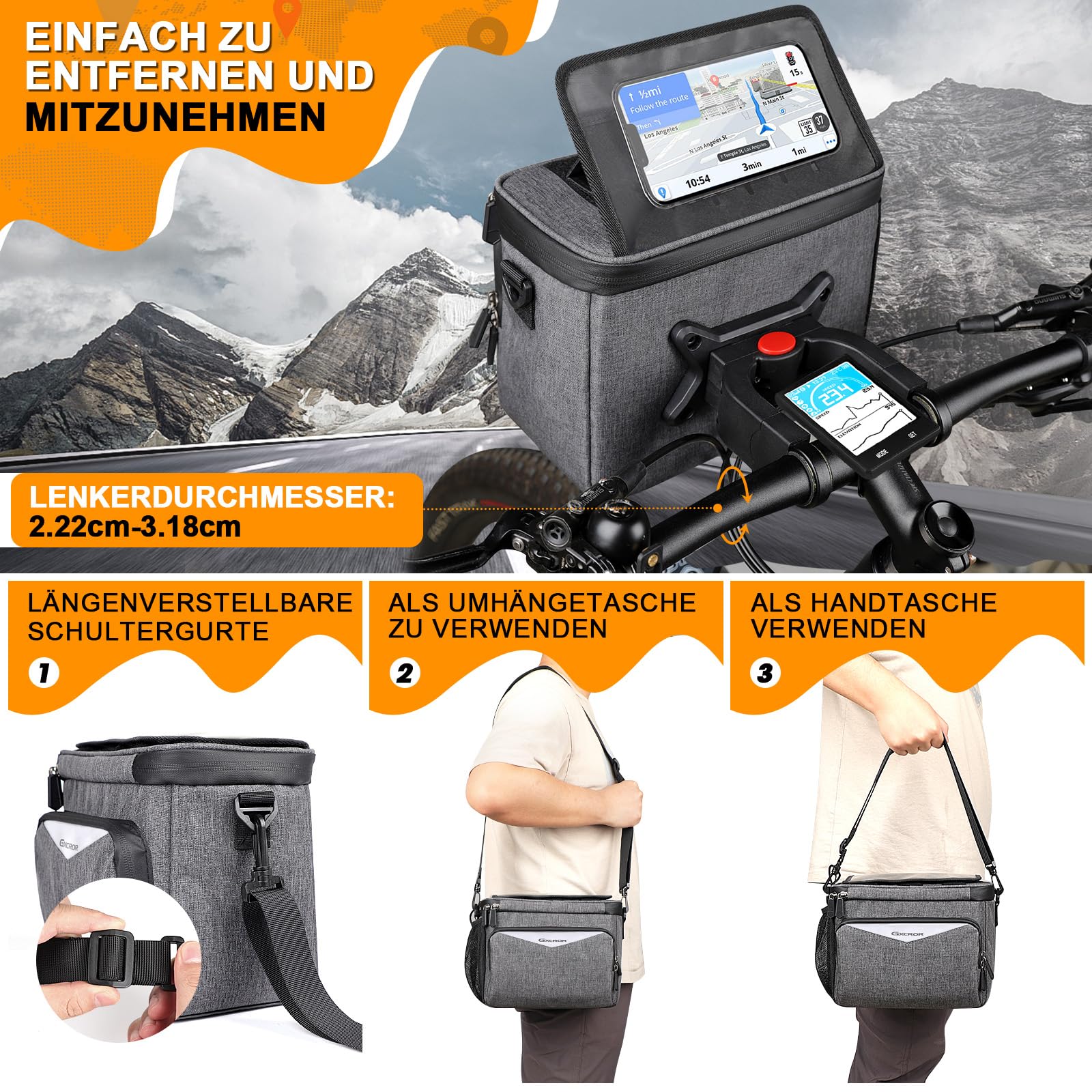GXCROR Borsa da manubrio per bicicletta, 5,5 l, con touchscreen, impermeabile, per tutti i telefoni cellulari, D27GXC