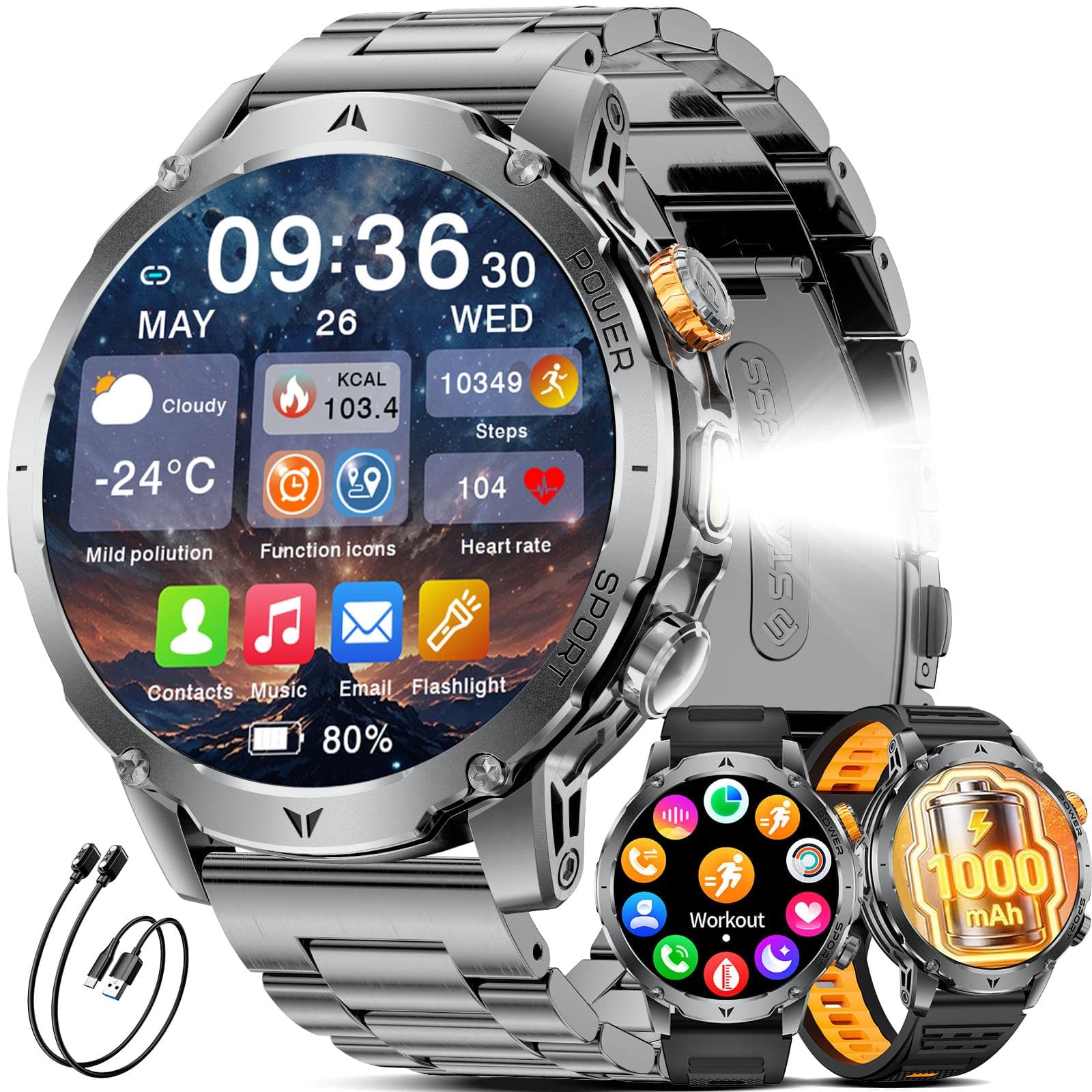 LIGE Montre intelligente pour homme avec batterie 1000 mAh avec grand écran HD de 1,7", lampe de poche, appels Bluetooth, plus de 120 modes sportifs, étanche IP68, montre de fitness, moniteur de