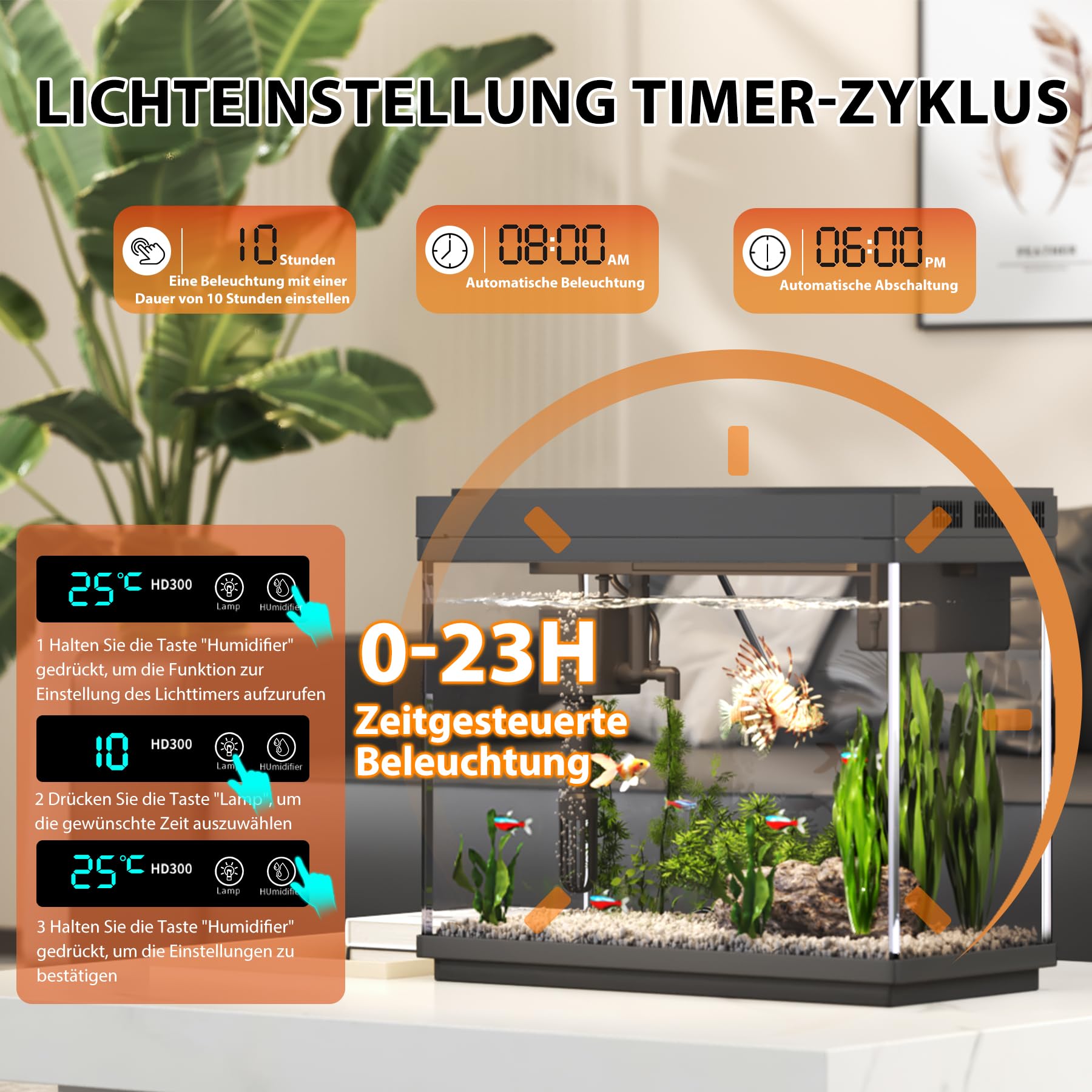 Vehipa Nano Aquarium 9L Klein mit intelligentem Luftbefeuchter, Temperaturanzeige, UHD-Glas, 7-Farben-Beleuchtung, 3-in-1 Leise Pumpe