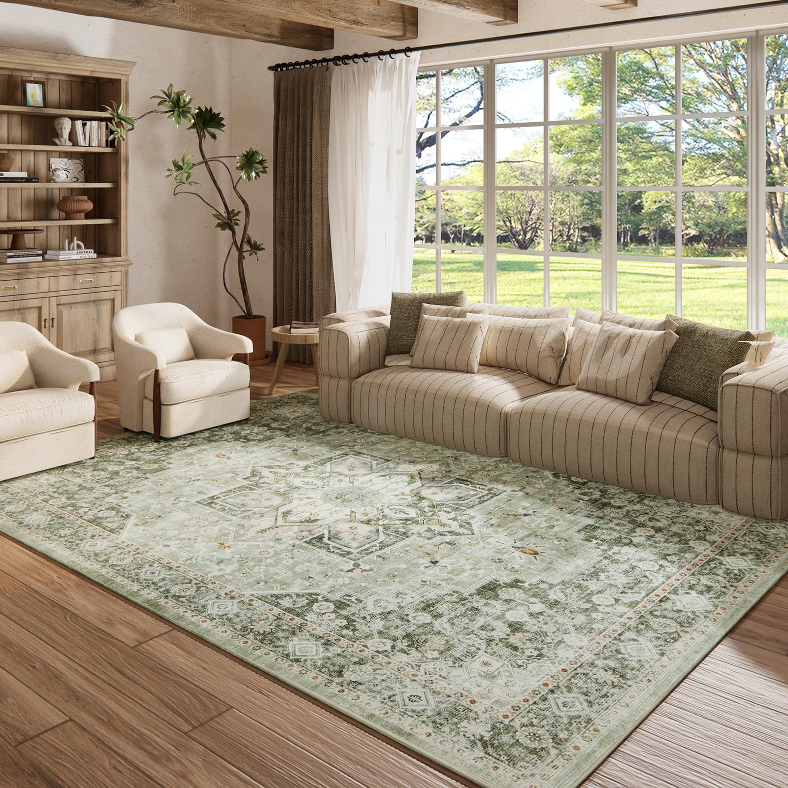 8×10 Machine Washable Rug for Living Room, Boho Vintage 8×10 Area Rug，Distressed Accent Low Pile Ultra Soft Large Carpet for Bedroom Bathroom Dining