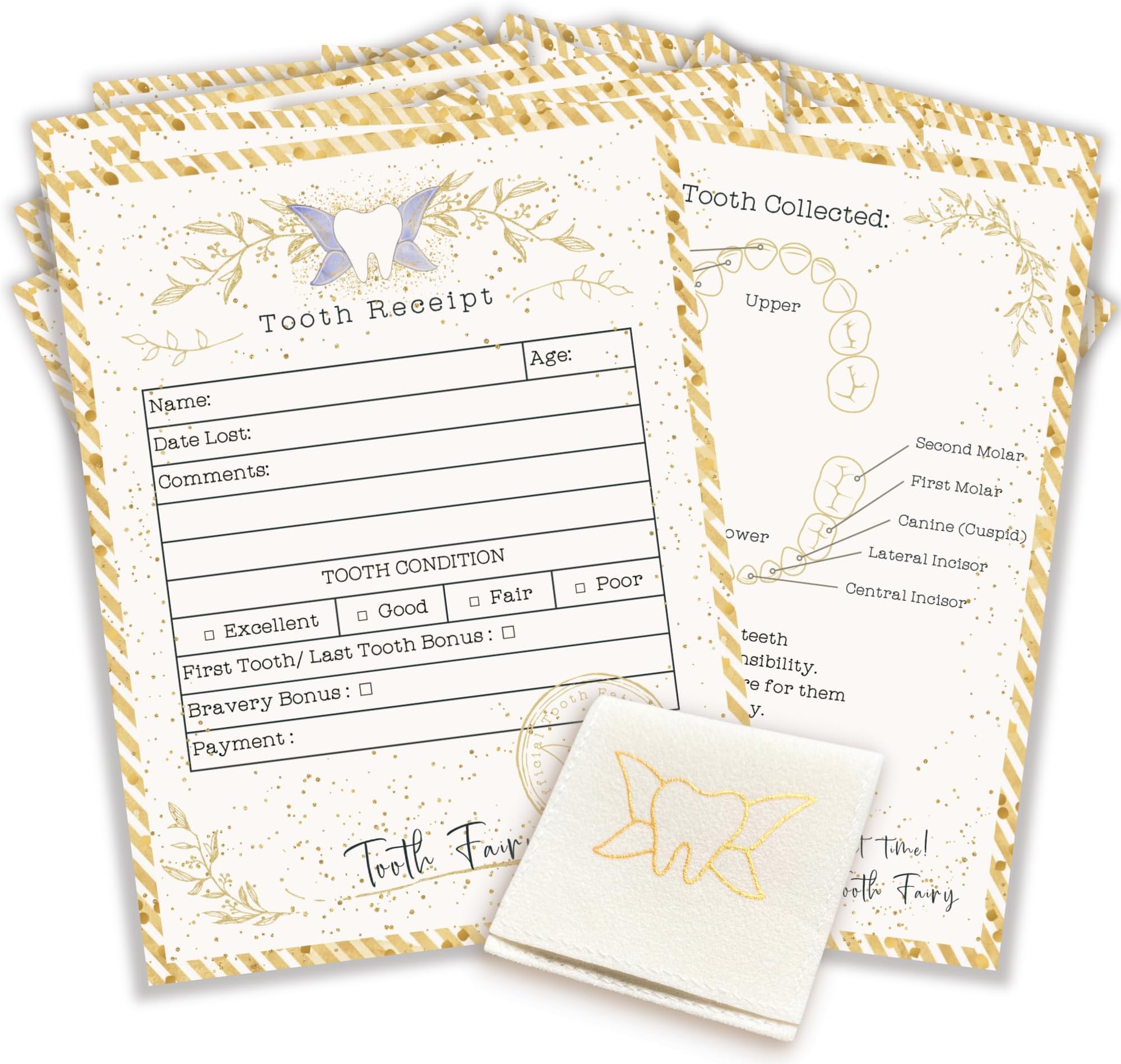 20 Tooth Fairy Receipt Cards and 1 Tooth Fairy Bag | Tooth Fairy Certificate Keepsake for Kids (Light Gold, 4.25x5.5 in)